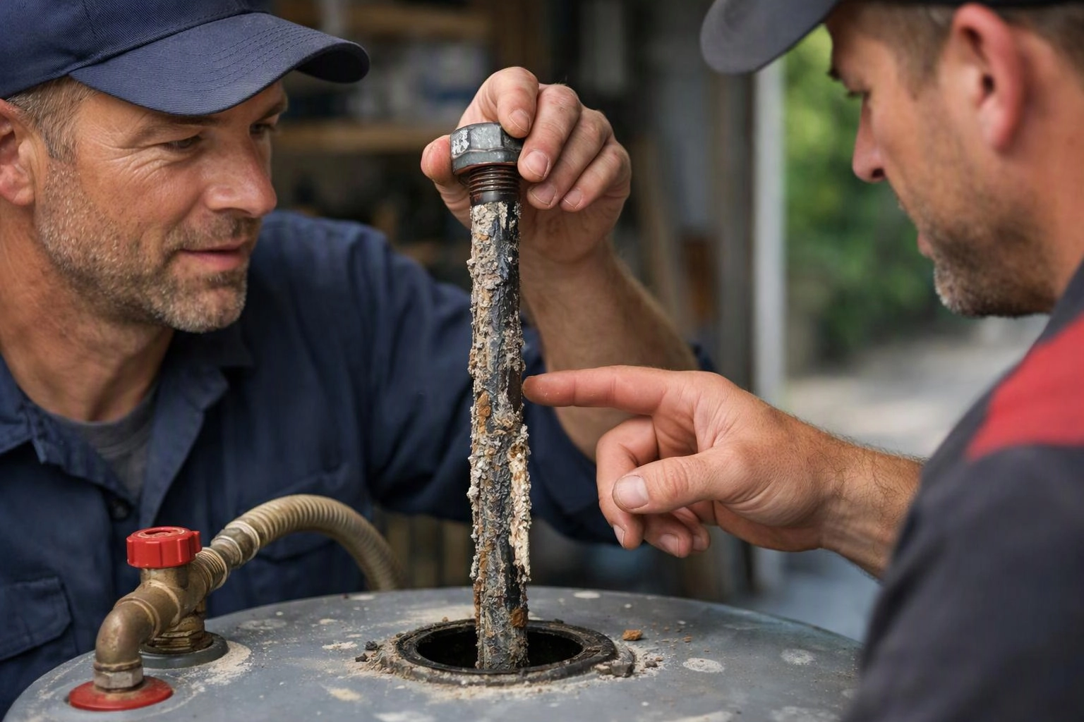 Two men in caps inspect a corroded metal rod on a tank in a workshop