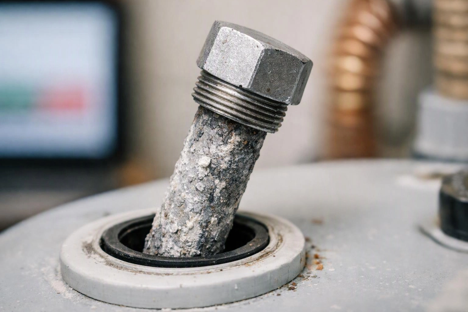 A corroded metal pipe rises from a tank opening, with a hex cap on top and blurred equipment behind