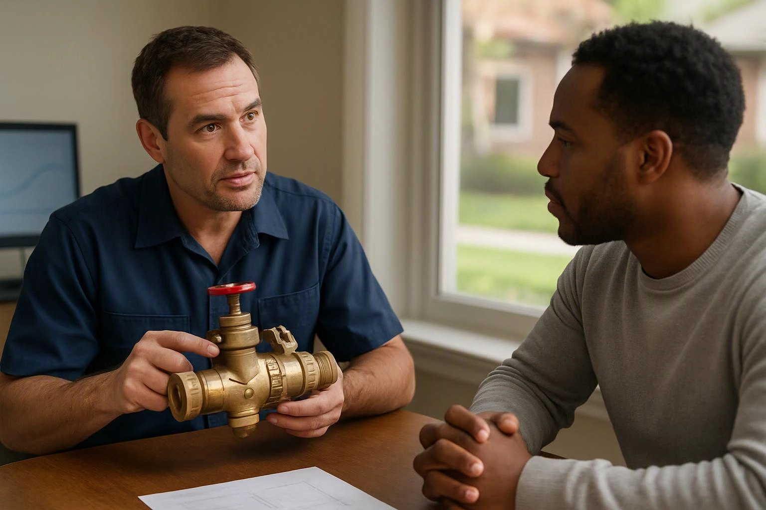 Two men sit at a table discussing a brass valve beside a sheet of paper in a bright room
