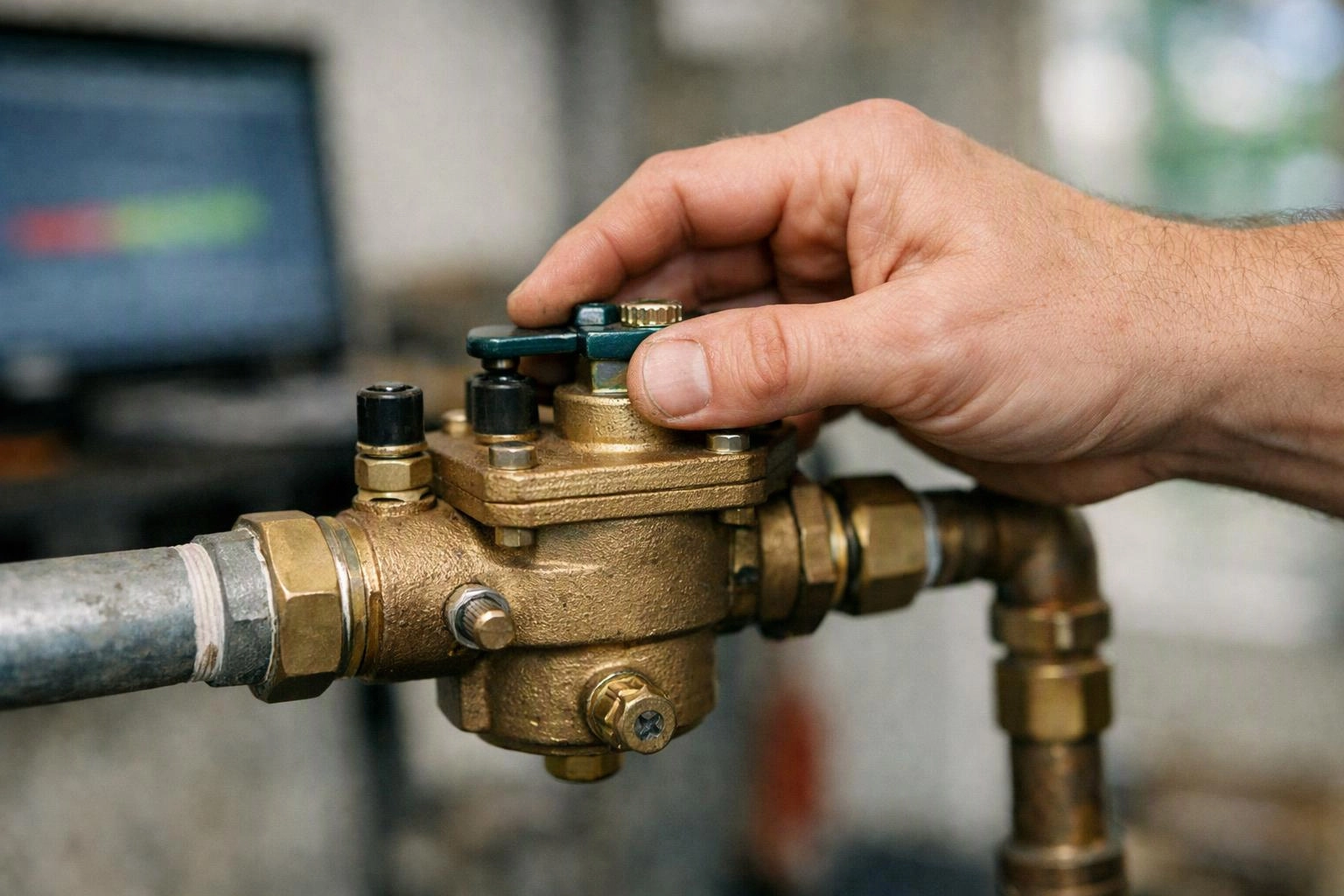 A hand adjusts a brass valve on connected metal pipes in a workshop setting
