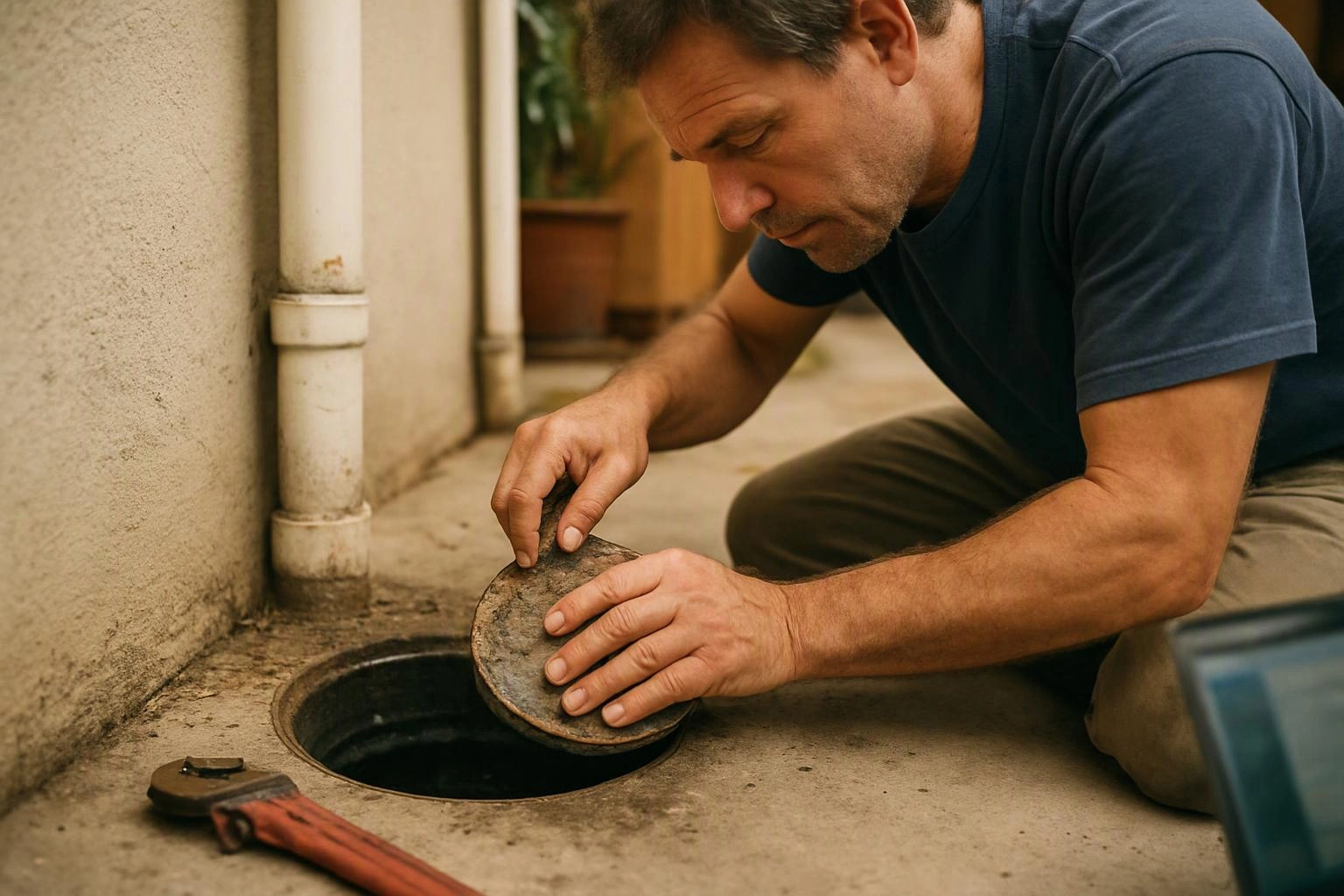 A man kneels by an open ground drain, fitting a round metal cover in a concrete walkway