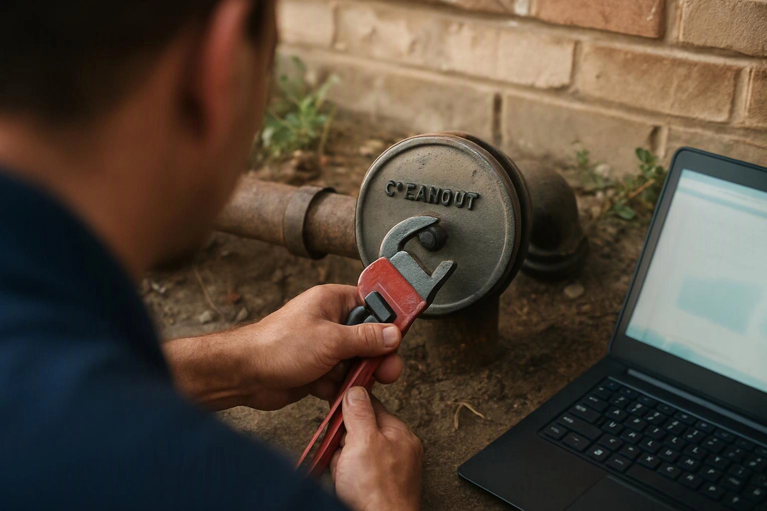 A person uses a red pipe wrench on a round outdoor metal cap beside a laptop and brick wall