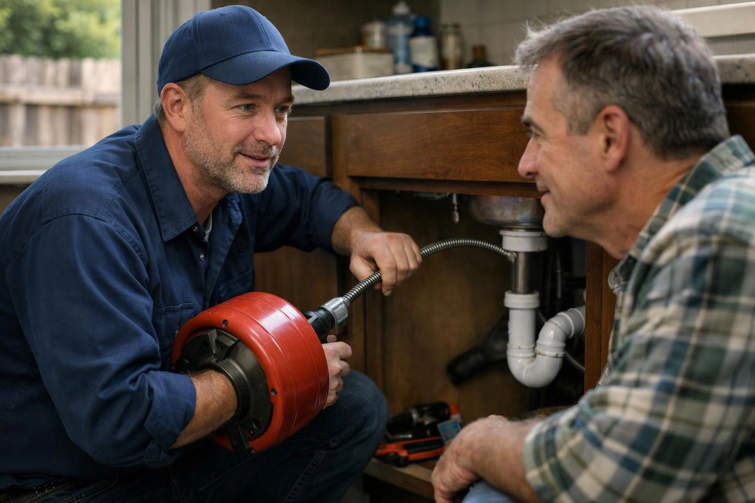 Two men work under a kitchen sink, one using a drain auger while the other watches nearby