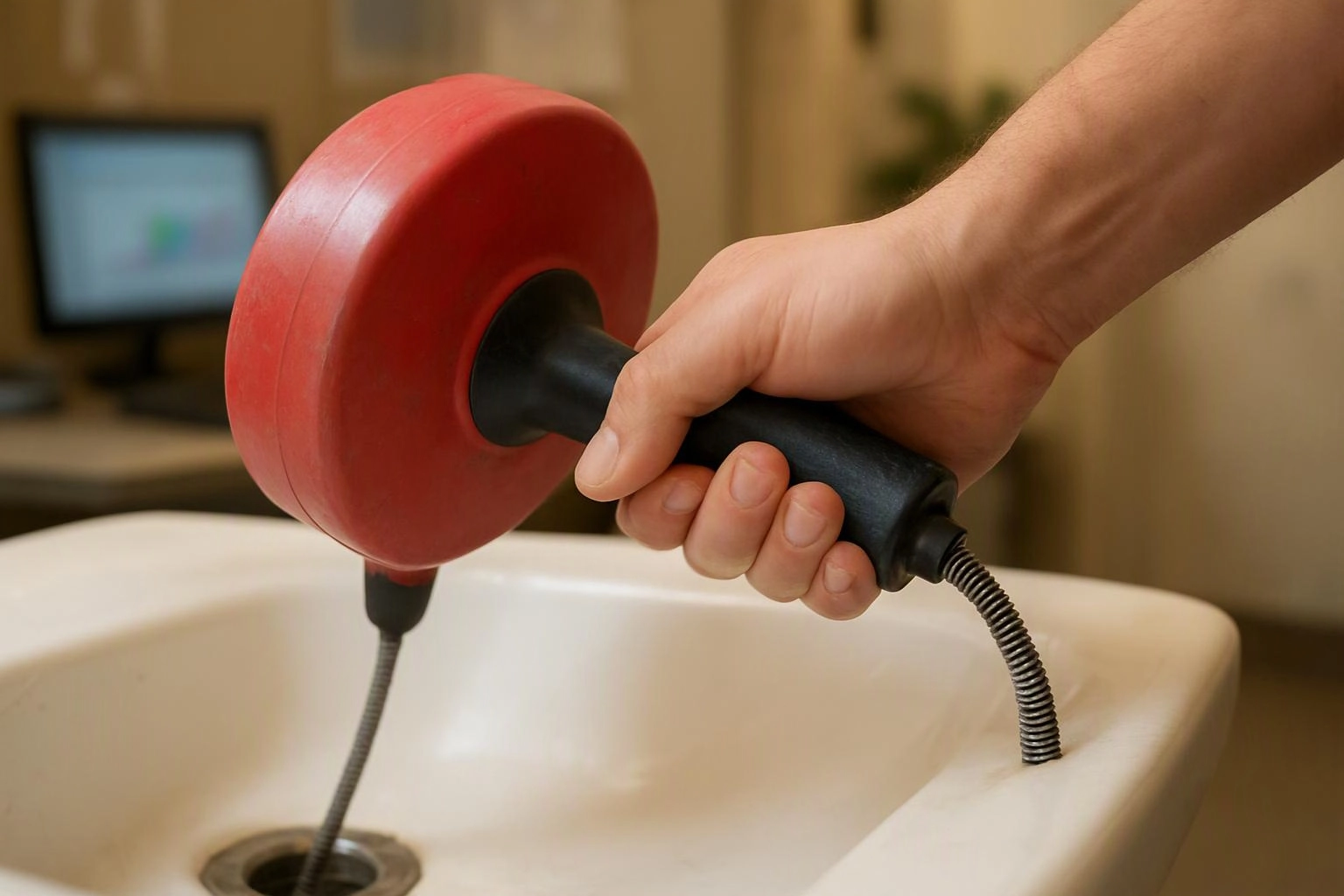 A hand grips a red sink plunger over a white bathroom sink drain