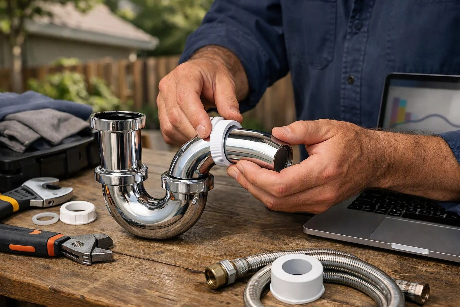 A person assembles a chrome sink drain on a wooden table beside tools and a laptop outdoors