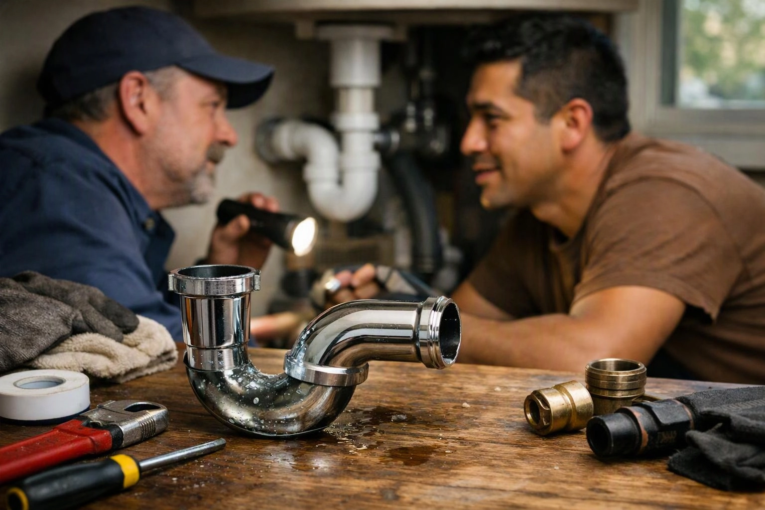 Two plumbers inspect a shiny drain pipe under a sink with tools spread across a wooden work surface