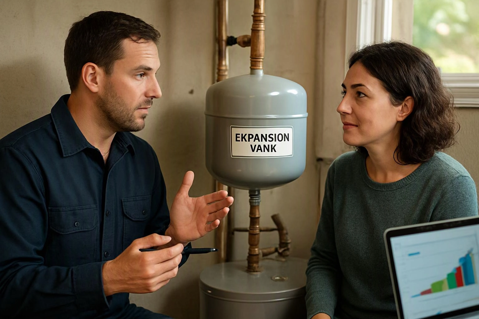A man and woman talk beside a labeled gray expansion tank in a small utility room