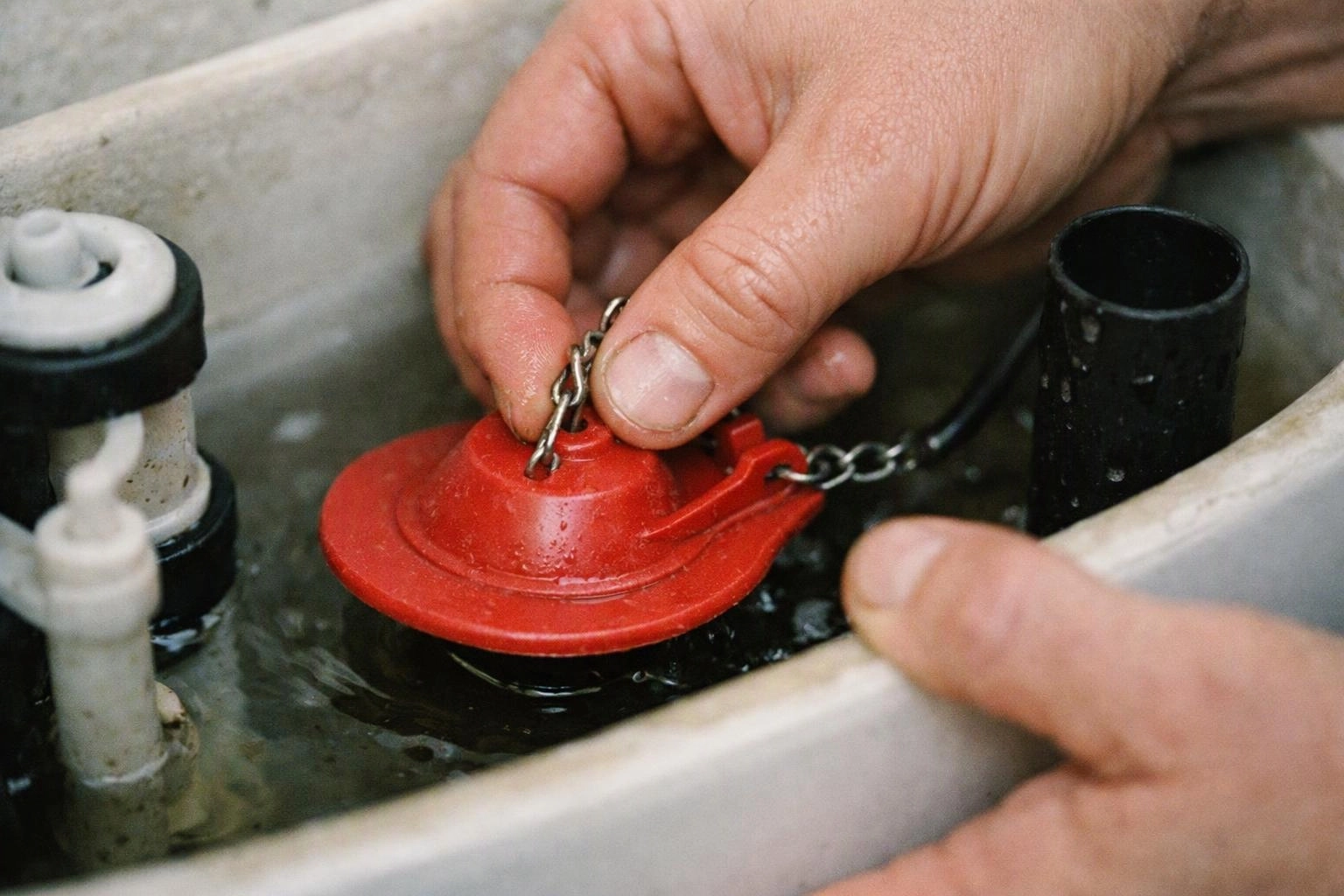 Hands adjust a red toilet flapper inside a water tank with hoses and fittings visible