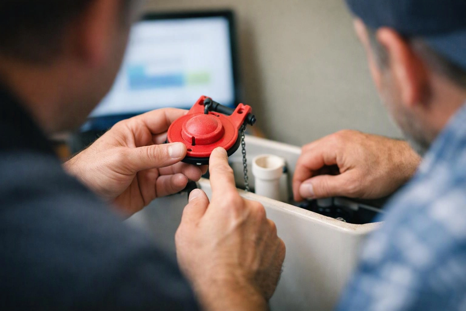Two men inspect a red plumbing valve beside an open tank with a laptop in the background