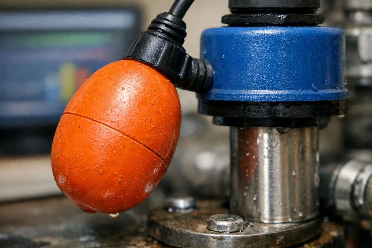 An orange float switch hangs beside a blue metal pump in a wet industrial setting