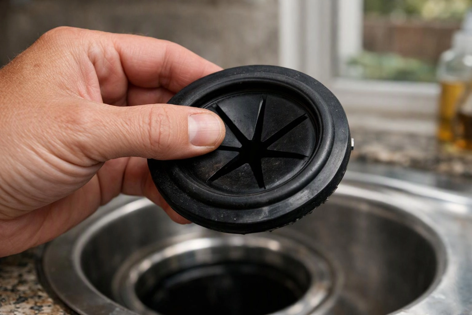 A hand holds a black rubber sink drain stopper above a stainless steel kitchen sink