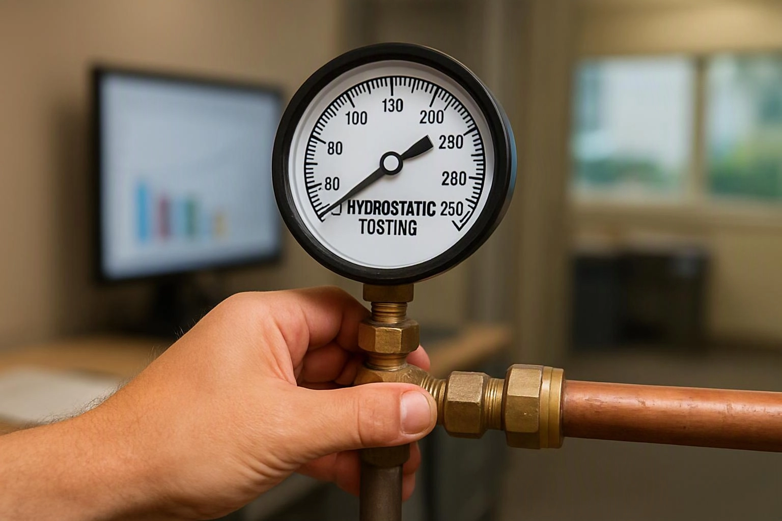 A hand holds a pressure gauge attached to copper pipes, with a blurred monitor in the background