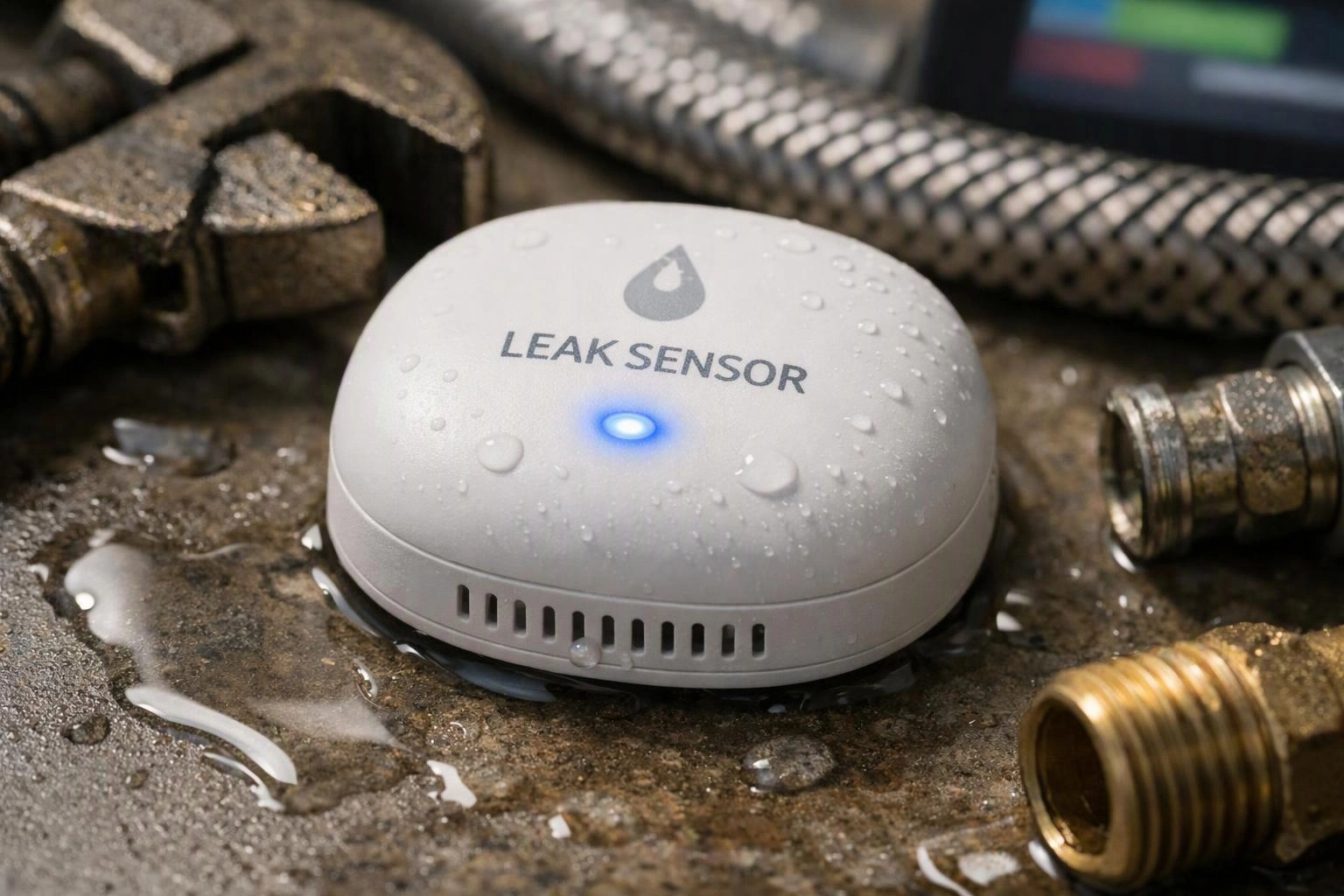 A white leak sensor with a blue light sits in pooled water beside metal pipes and fittings