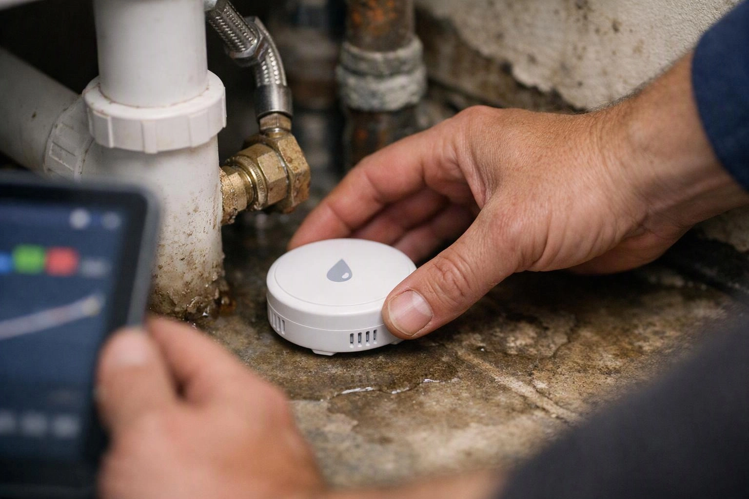 Hands place a small water sensor beside a pipe under a sink while a phone checks the reading