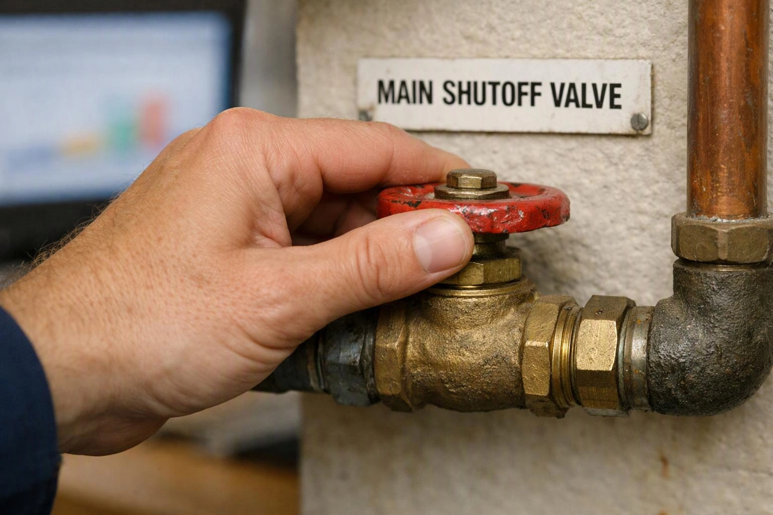 A hand turns a red shutoff valve beside a label reading "MAIN SHUTOFF VALVE"