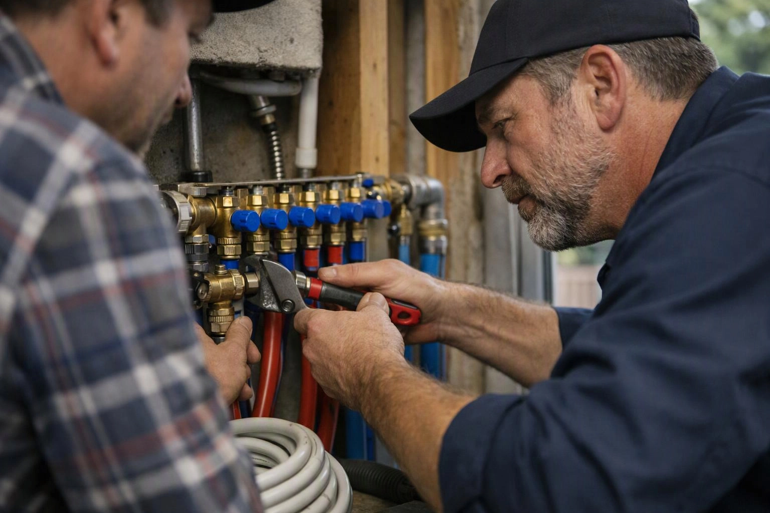 Two men work on brass plumbing valves with red and blue hoses in a utility space