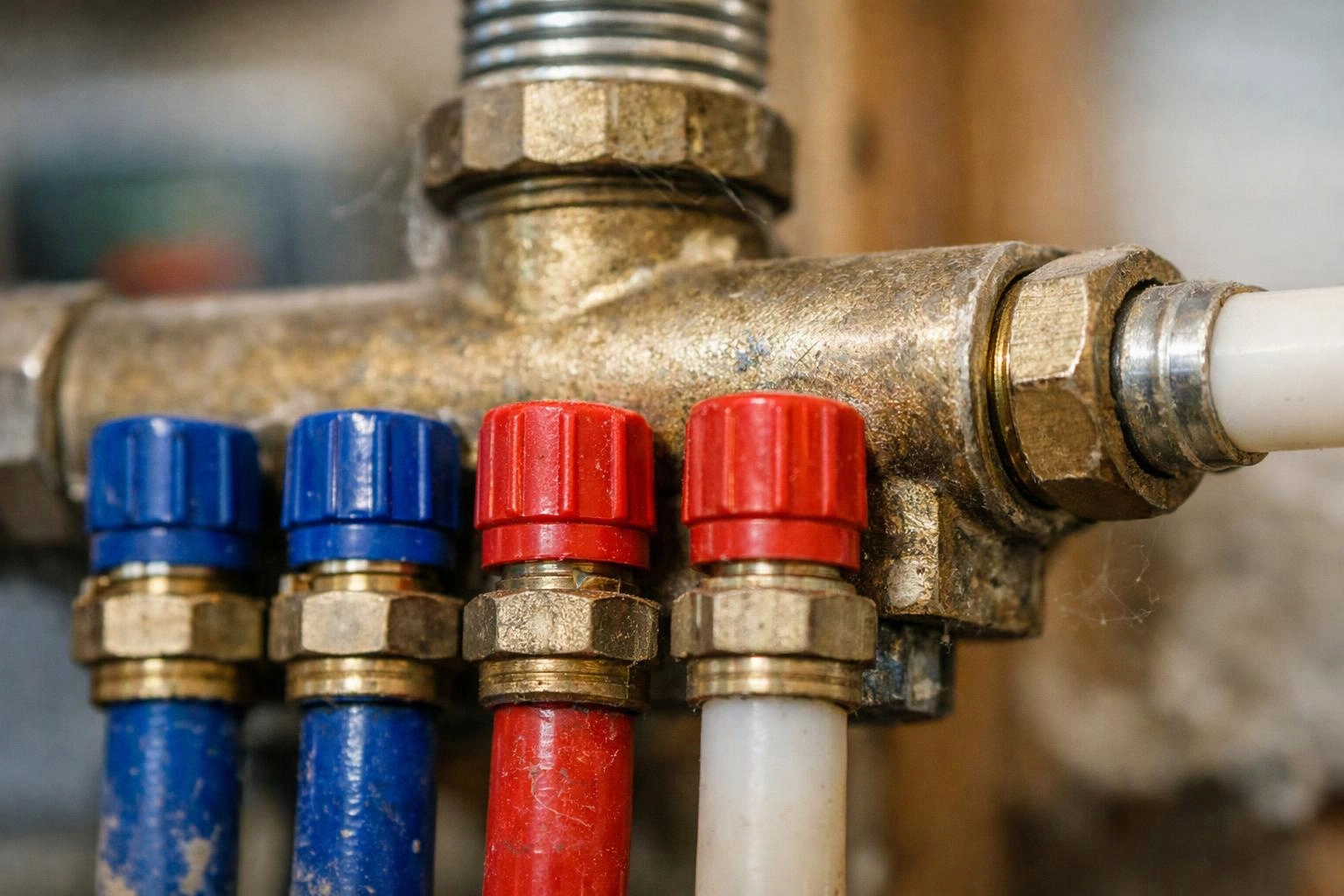 Close-up of a brass plumbing manifold with blue and red capped pipes connected to white tubing