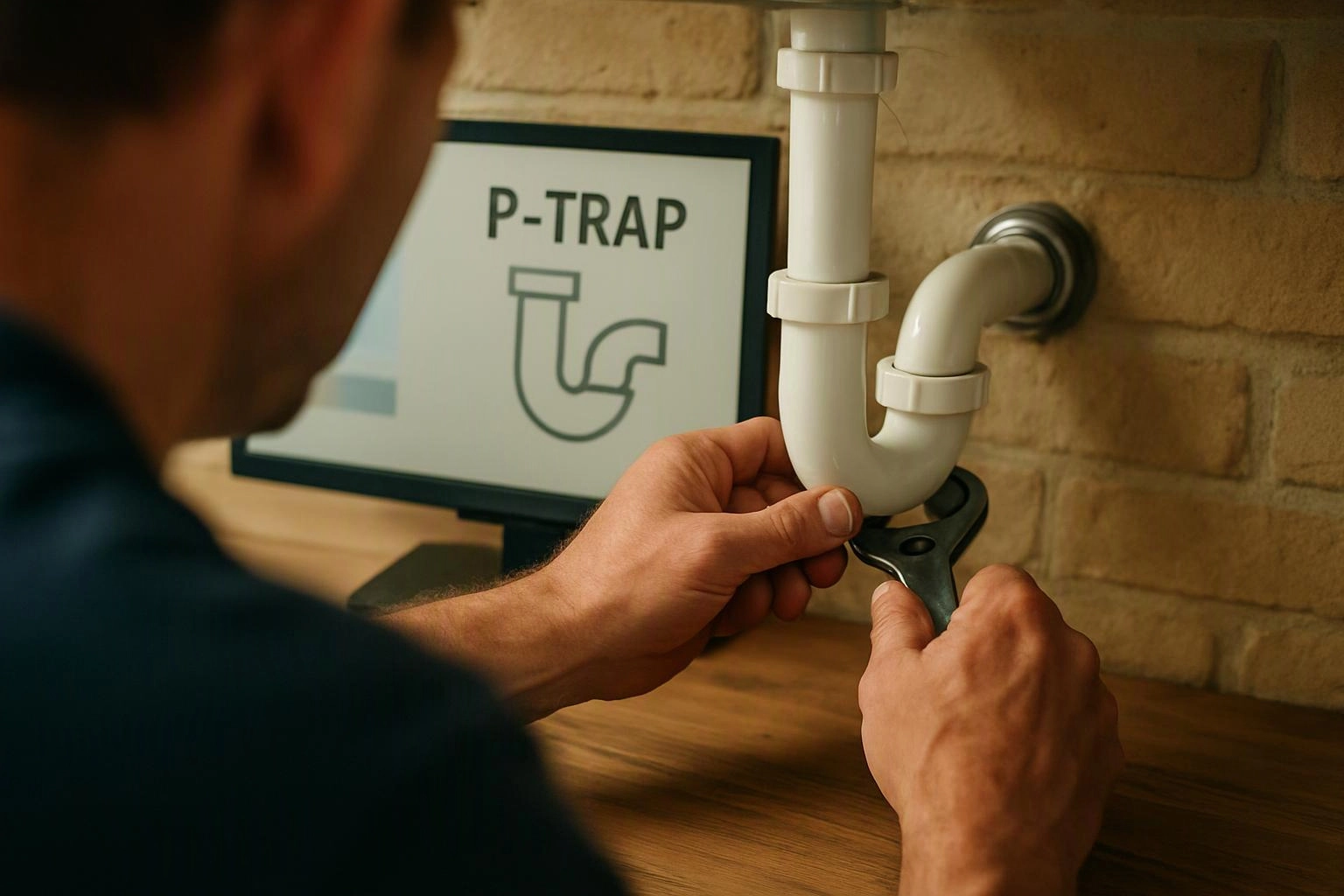 A person tightens a white sink drain pipe under a counter beside a screen labeled P-TRAP