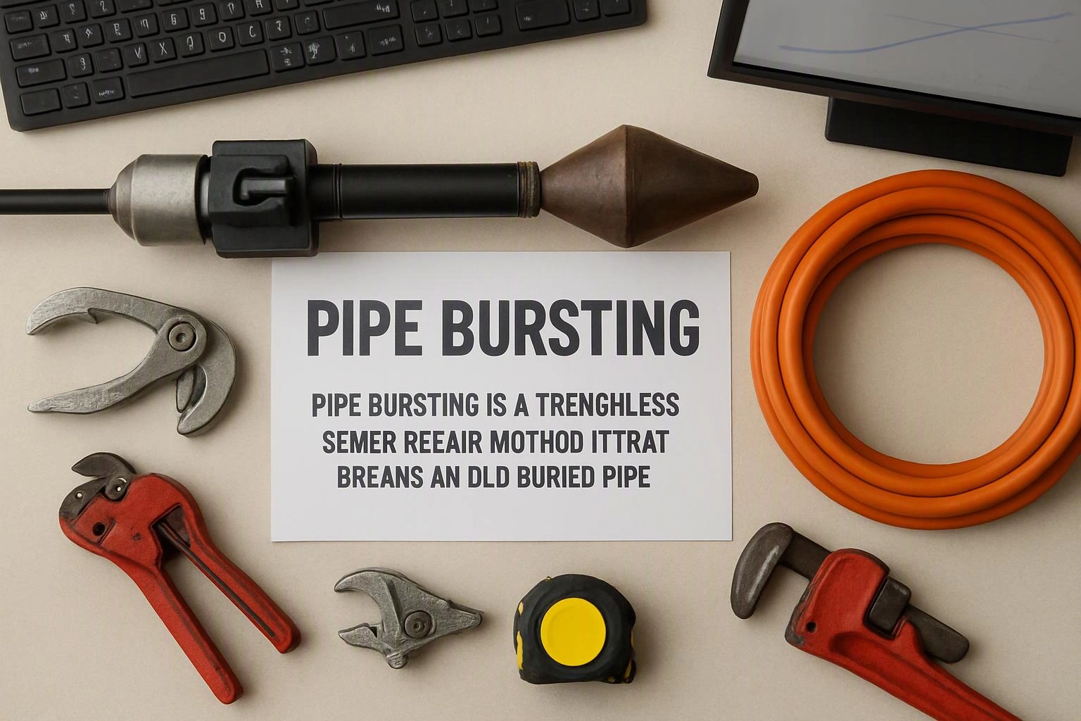 A flat lay of pipe bursting tools surrounds a sign reading “PIPE BURSTING” on a beige table
