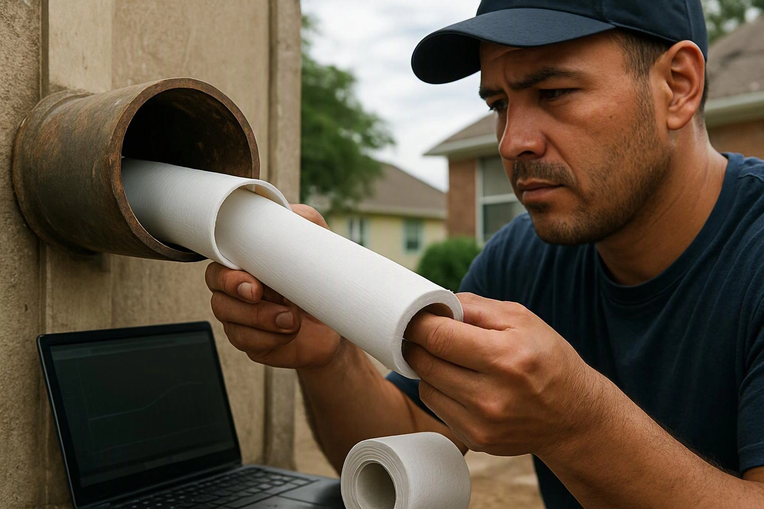 A man in a cap inspects a white rolled tube beside a wall pipe with a laptop nearby