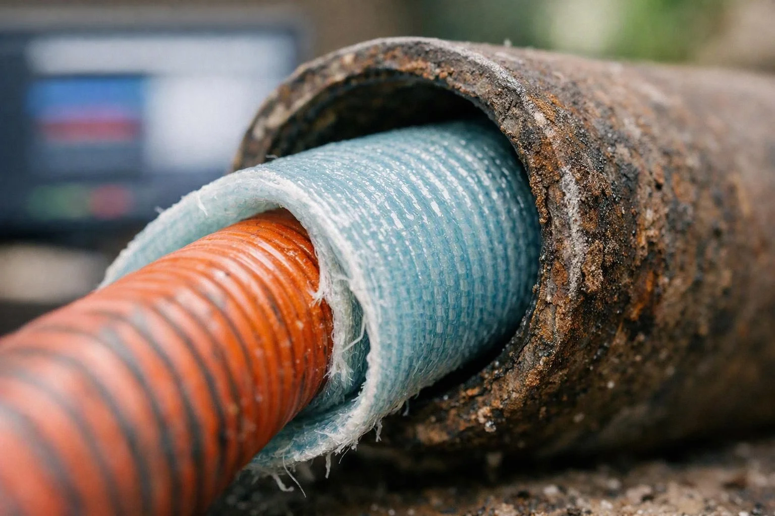 A rusty pipe surrounds an orange cable wrapped in pale blue insulation in close-up