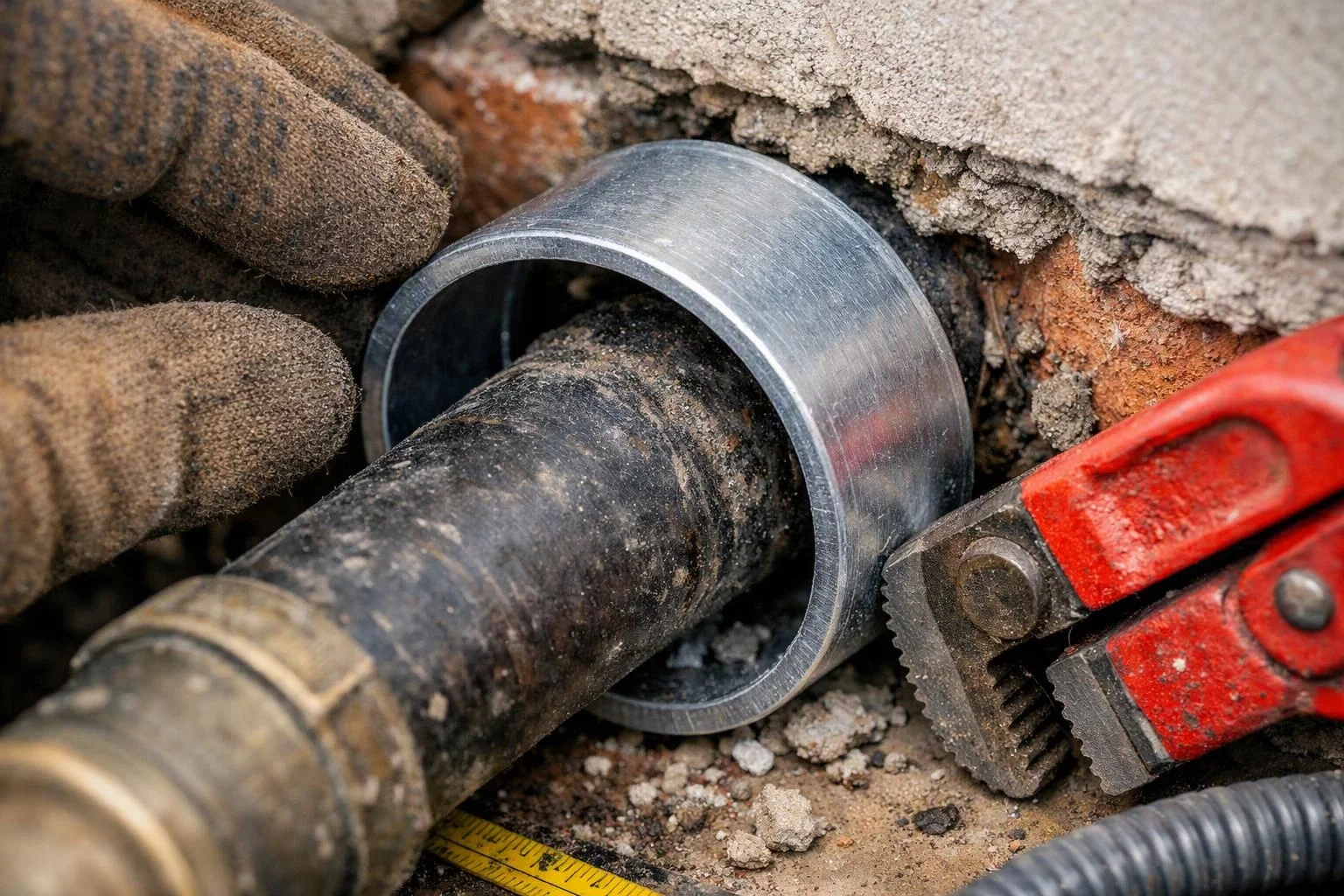 Gloved hands adjust a metal collar around a pipe in a rough wall opening with a red tool nearby