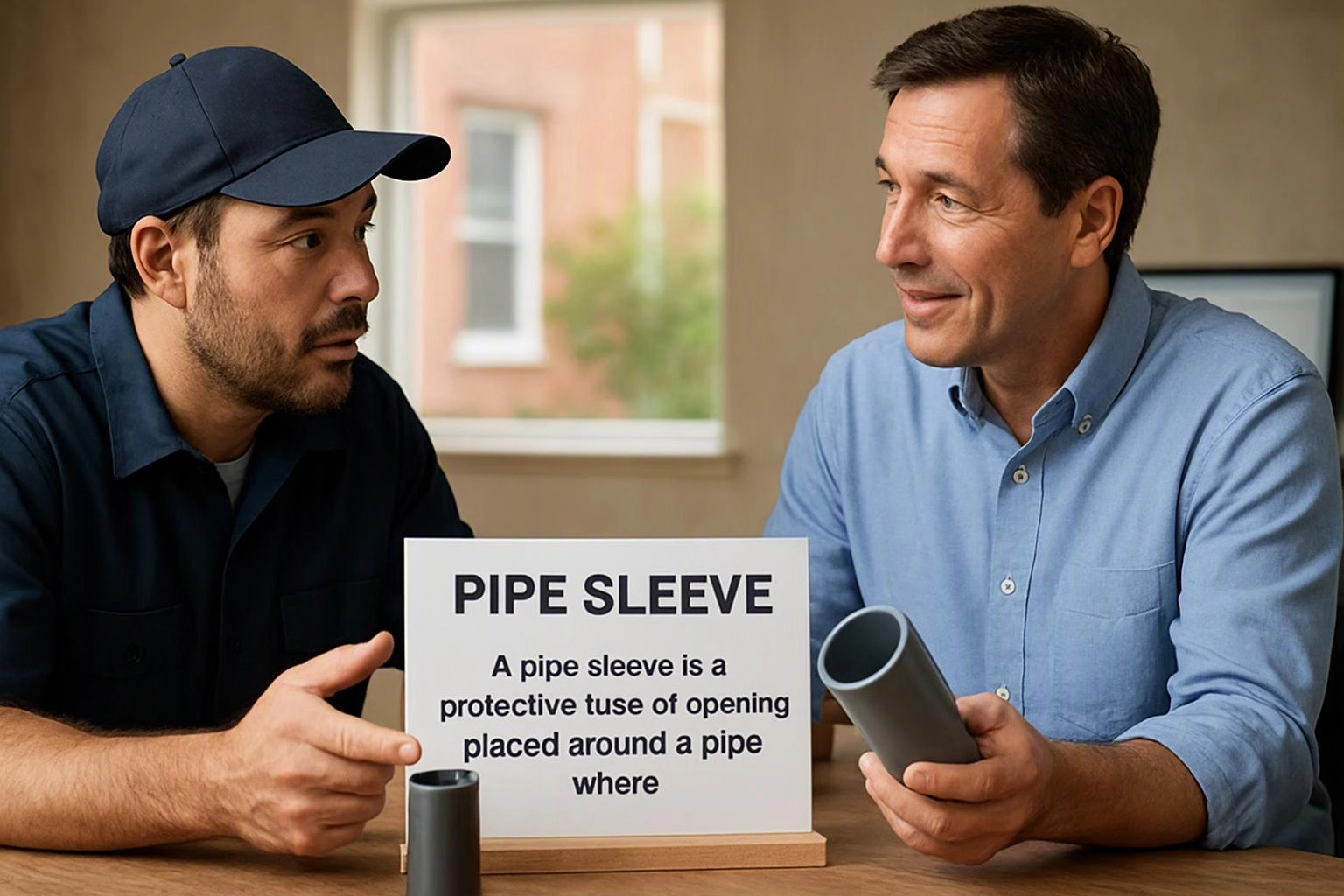 Two men sit at a table holding gray pipe sleeves beside a sign that reads “PIPE SLEEVE”