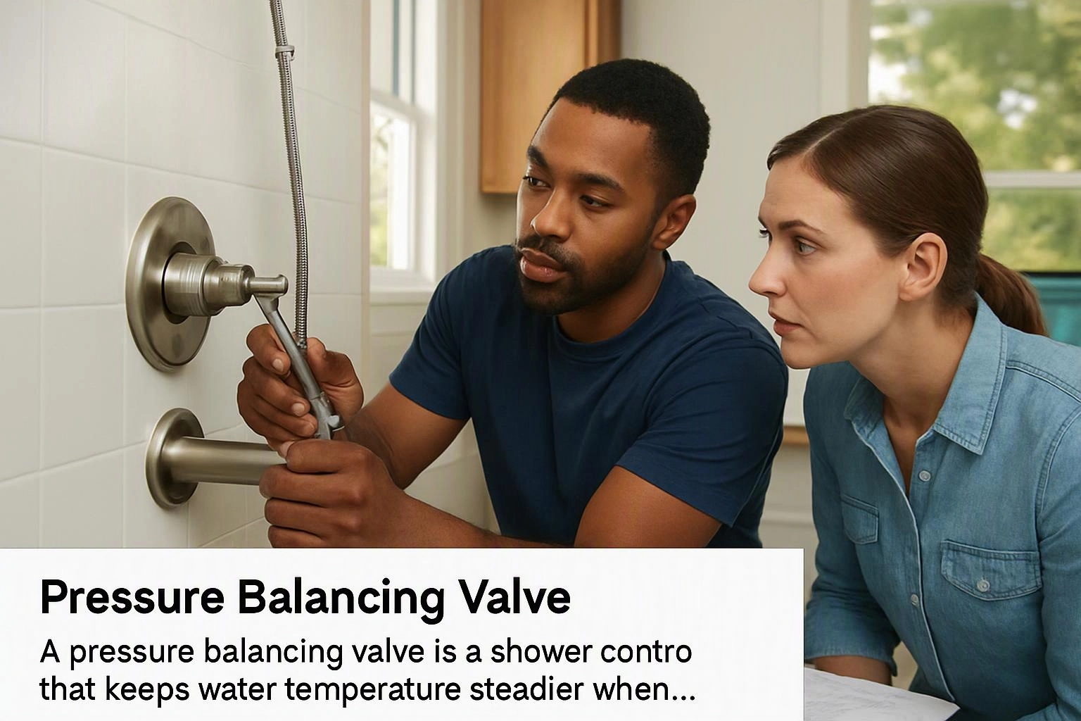 Two people inspect a shower valve in a tiled bathroom, with a text panel about pressure balancing valves below