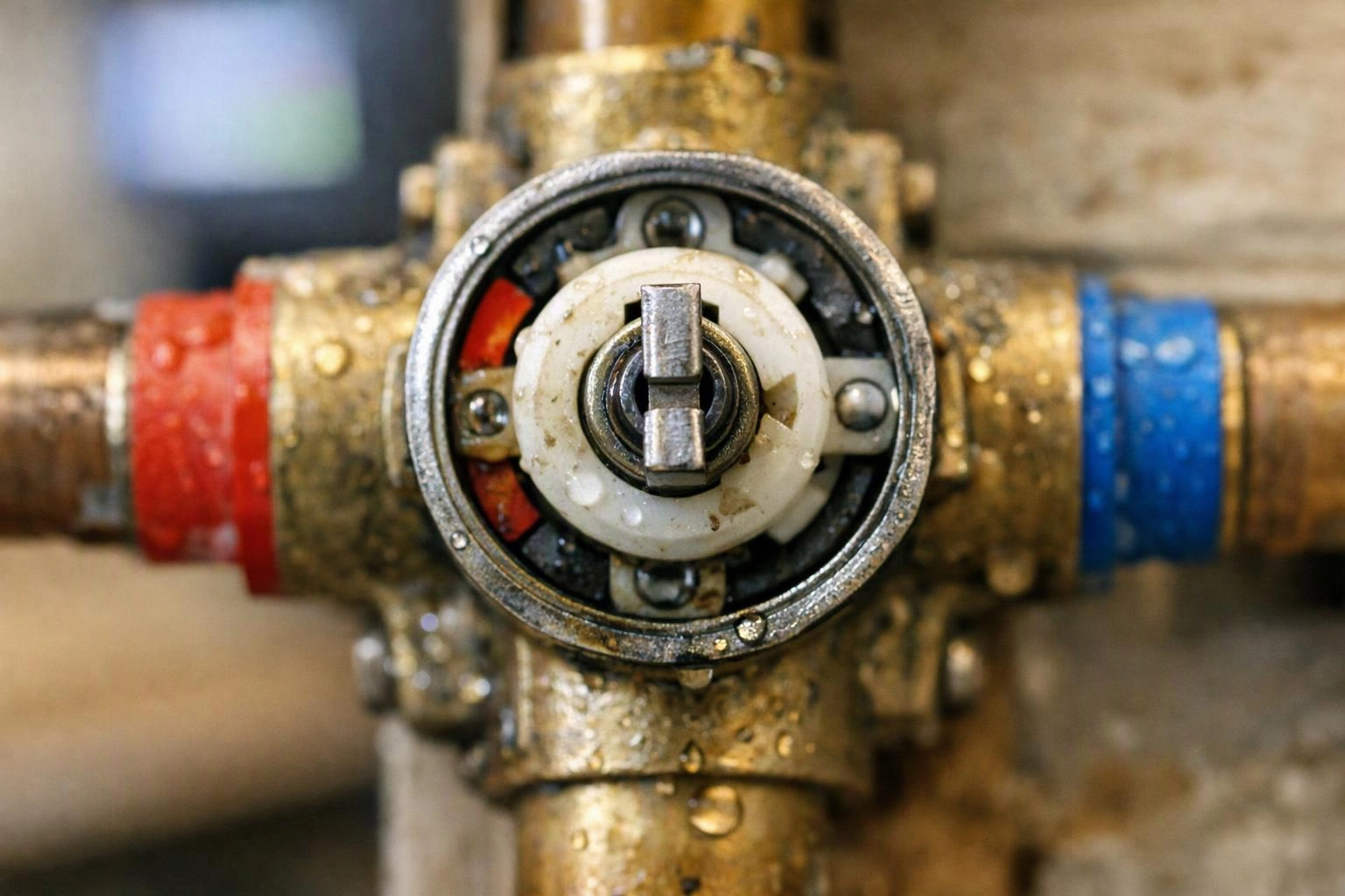 Close-up of a wet brass valve with red and blue pipe connections against a blurred wall