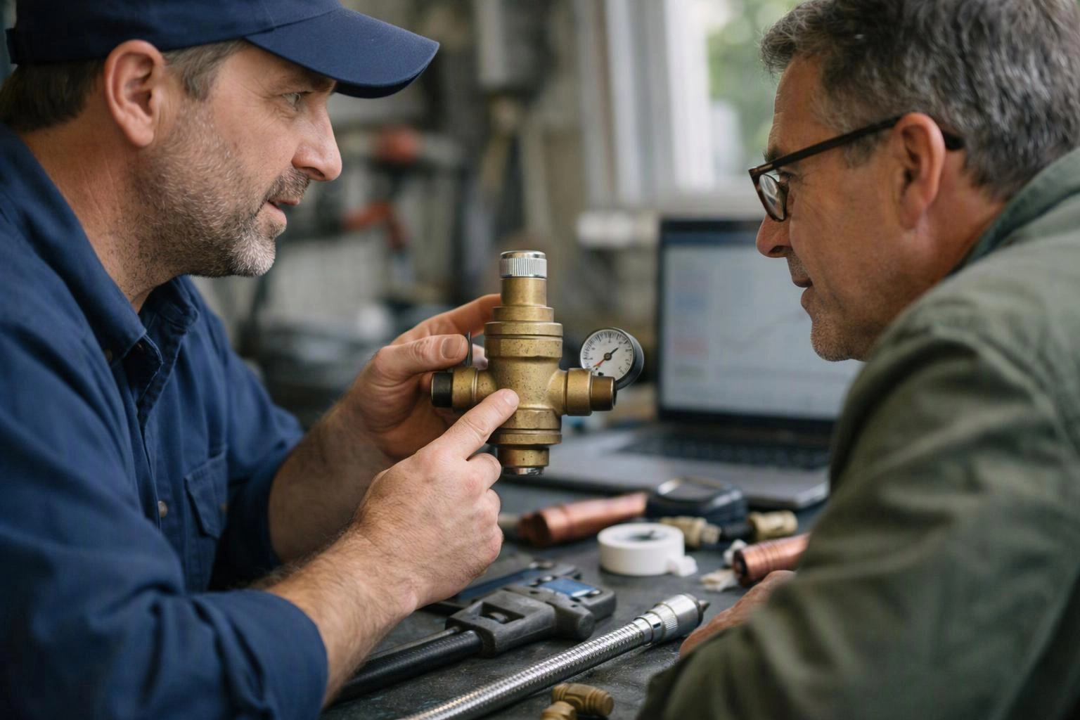 Two men inspect a brass valve and gauge together at a workshop table