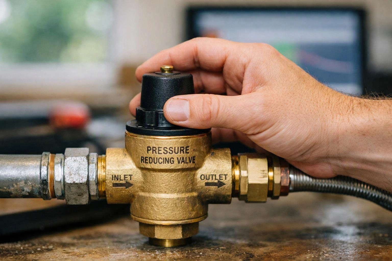 A hand adjusts a brass pressure reducing valve connected to pipes on a workbench
