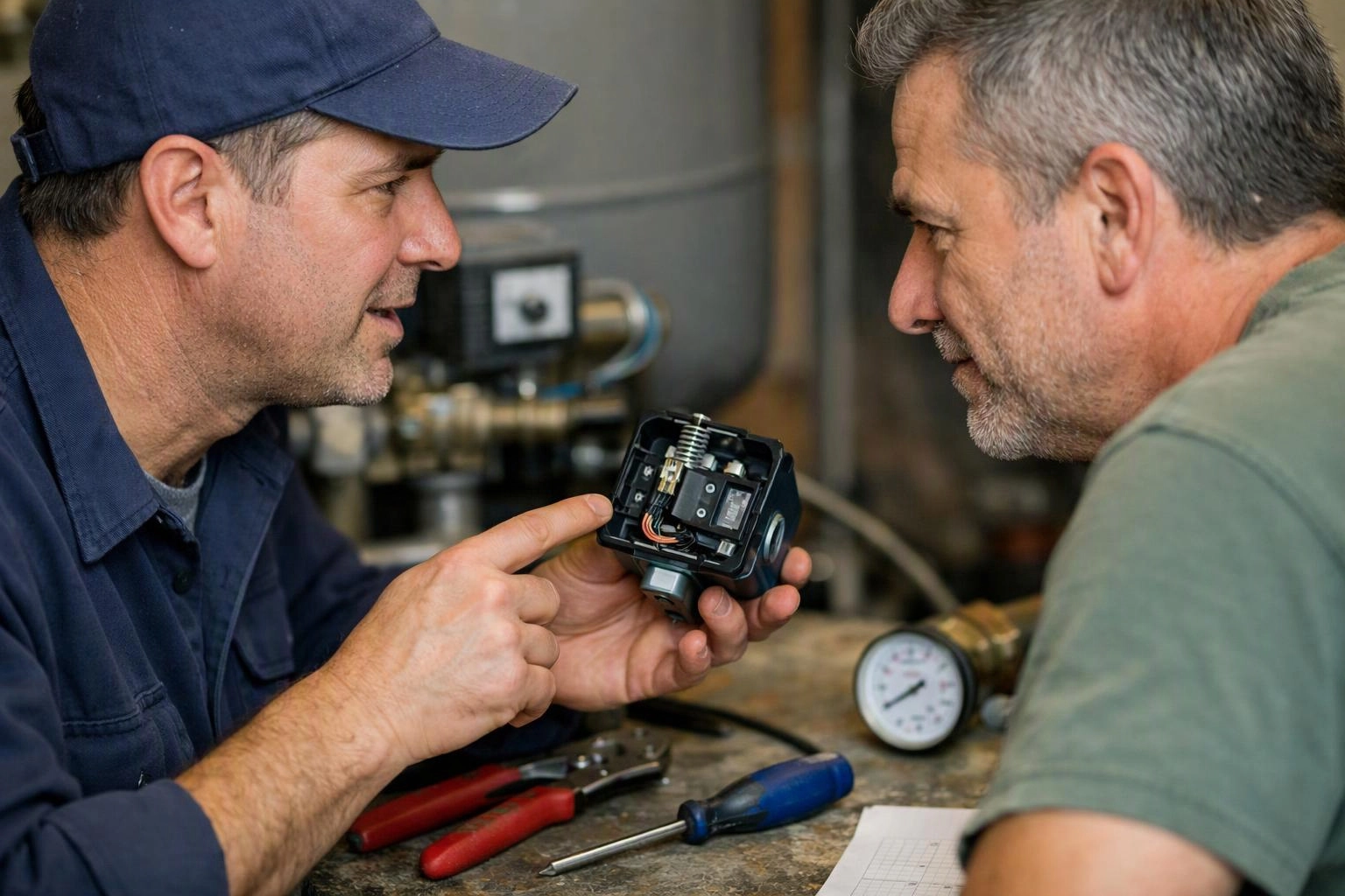Two men inspect a small mechanical part at a workbench, with tools and a gauge beside them