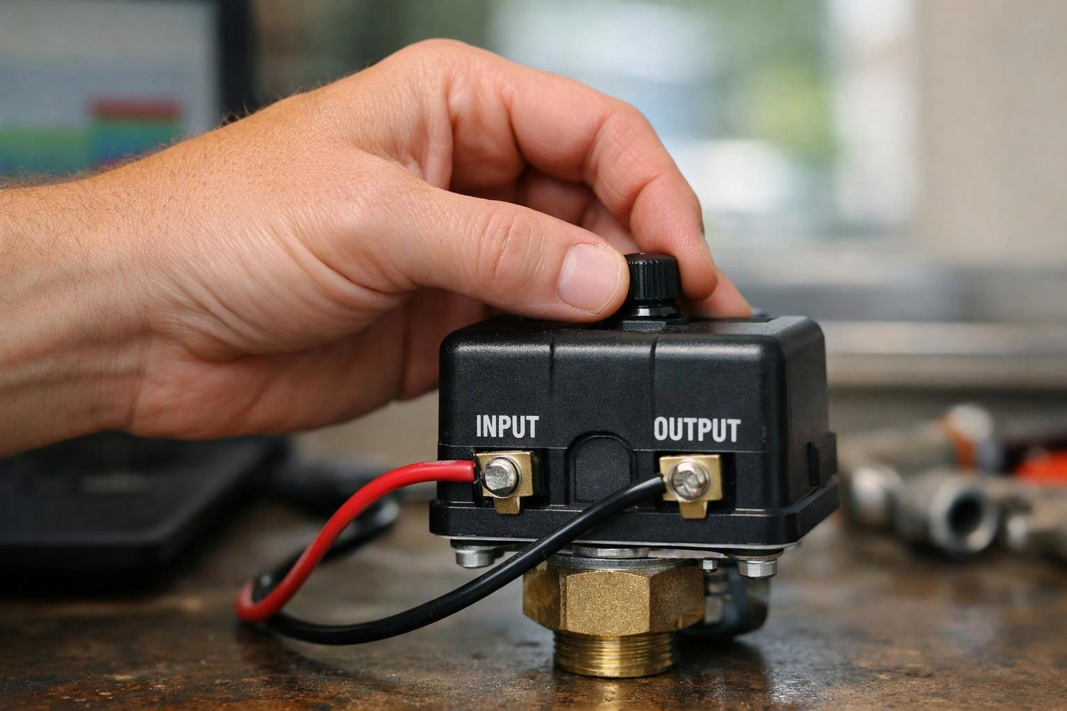 A hand adjusts a black electrical switch with red and black wires on a workbench