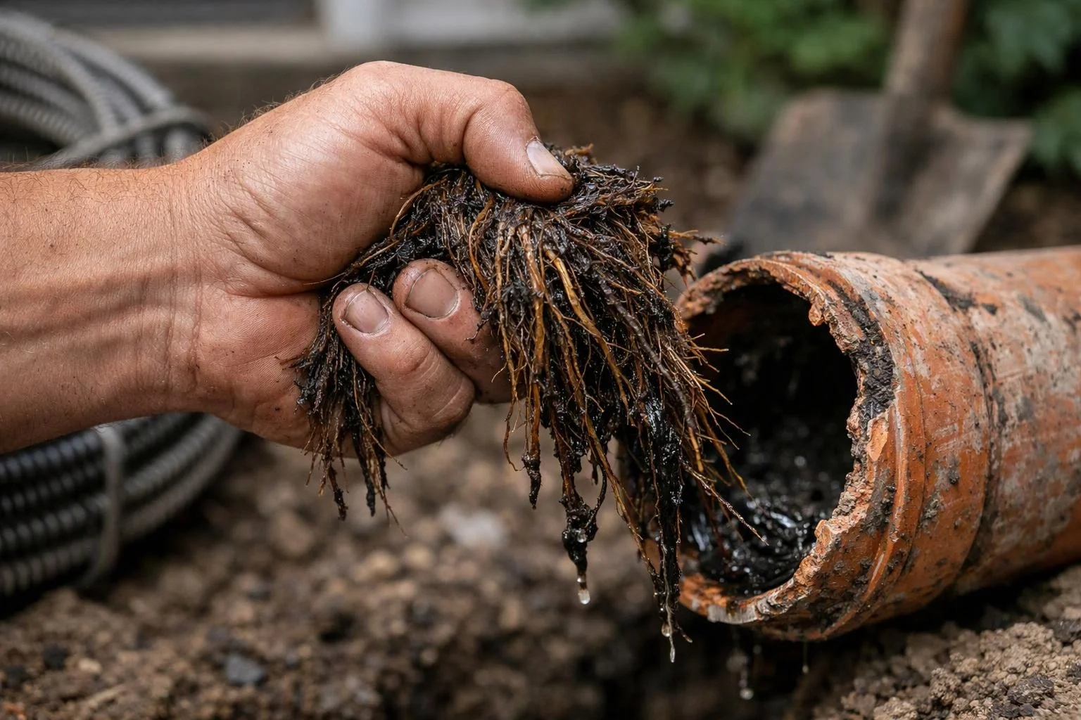 A dirty hand pulls tangled roots from a clogged orange pipe outdoors