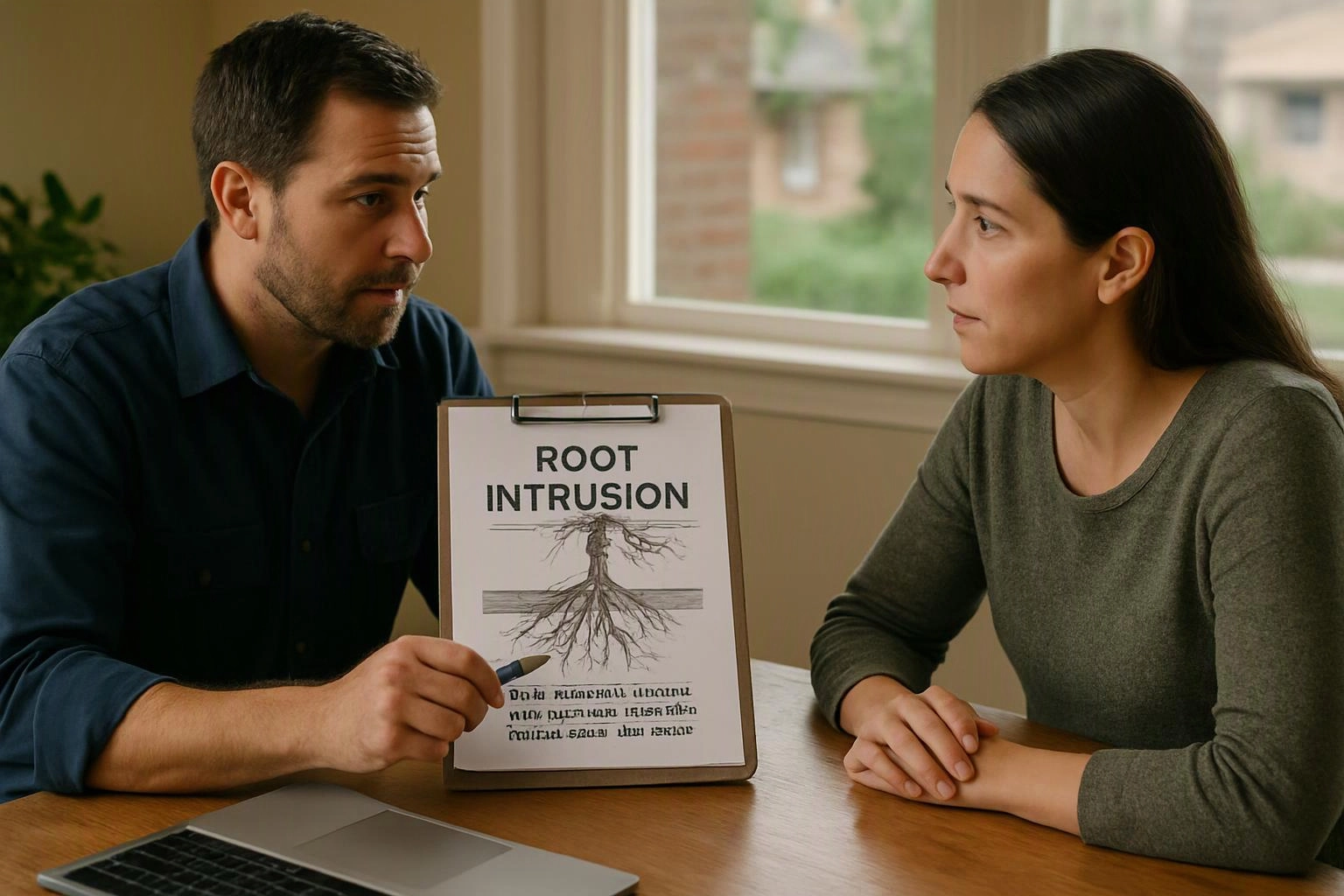 Two people study a clipboard showing a root intrusion diagram at a wooden table indoors