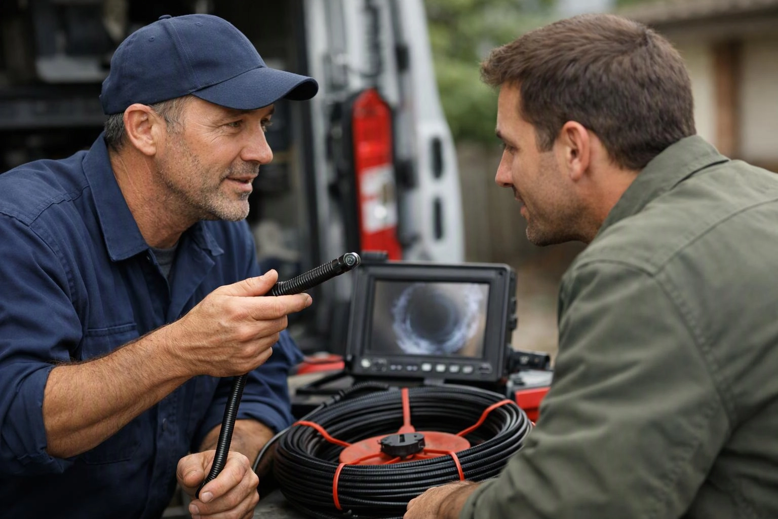 Two men inspect a pipe camera display beside a van, with coiled cable in the foreground