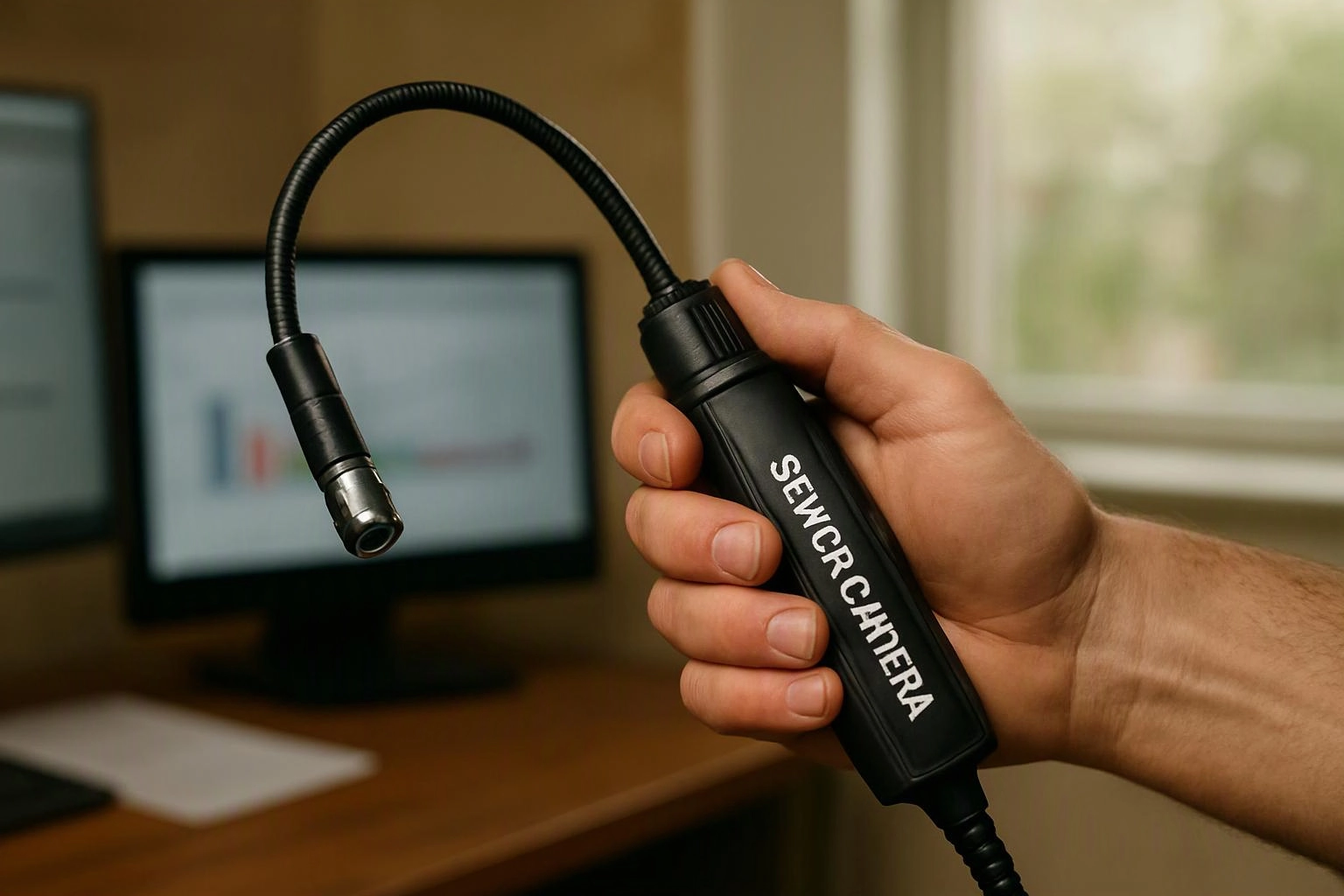 A hand holds a flexible inspection camera in front of a blurred computer monitor and desk