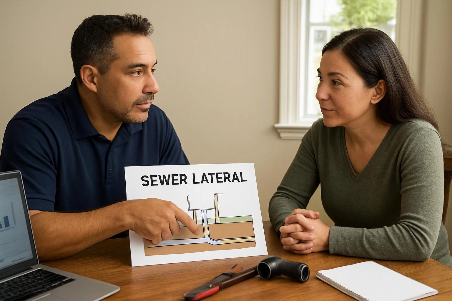 A man points at a sewer lateral diagram while talking with a woman across a table in a bright room
