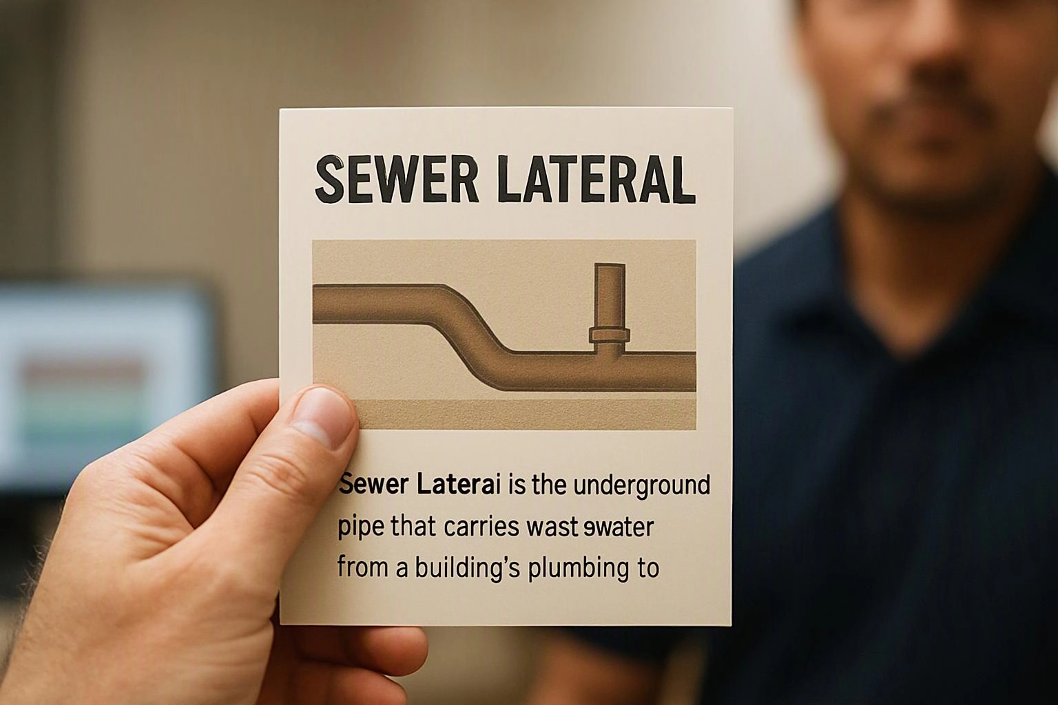 A hand holds a card titled “SEWER LATERAL” showing a pipe diagram and partial explanatory text