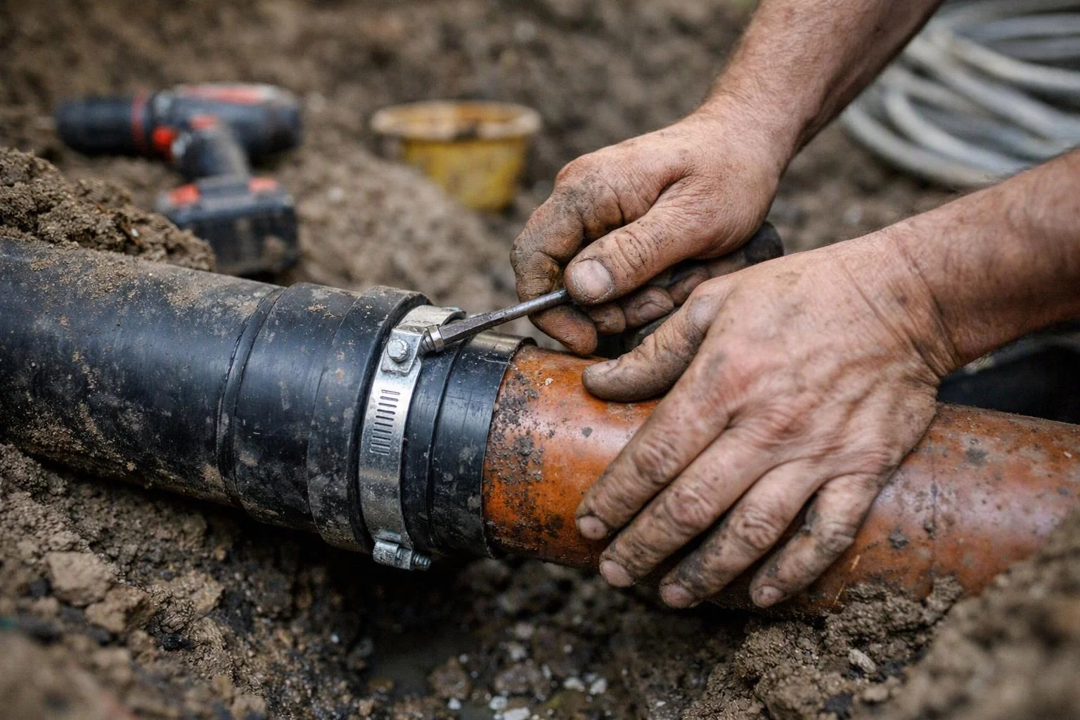 Dirty hands tighten a metal clamp around joined underground pipes in muddy soil