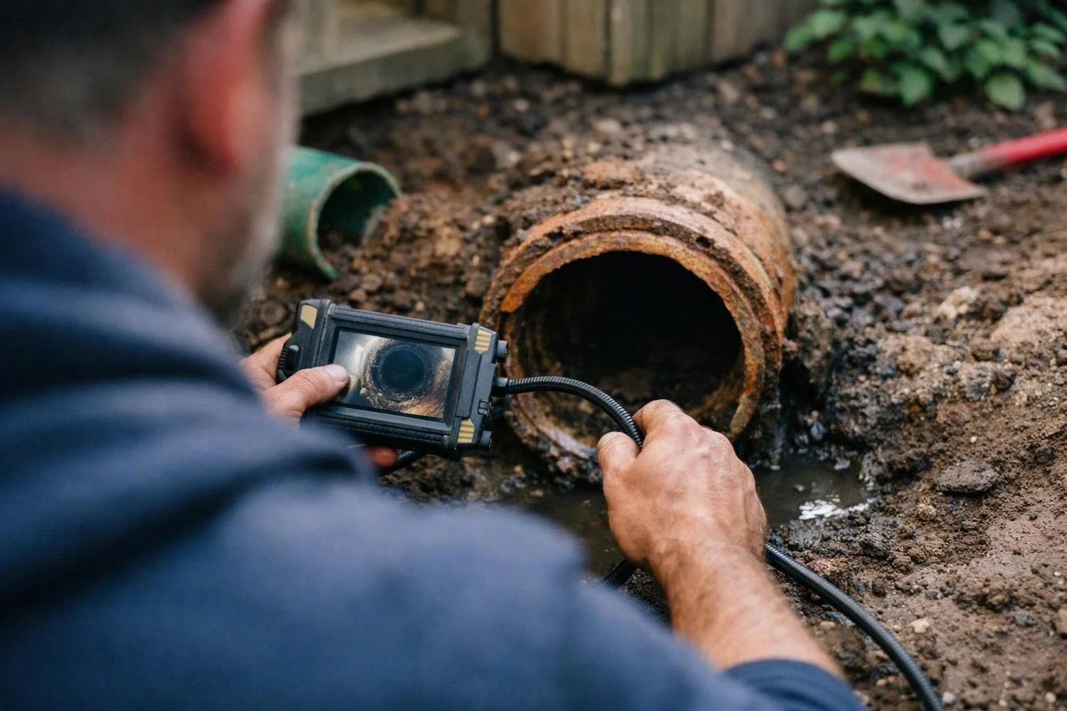 A worker inspects a muddy pipe opening with a handheld camera probe in a trench