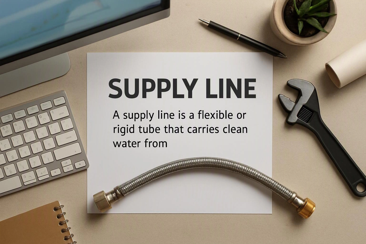 A desk display shows a paper about a supply line, surrounded by a keyboard, wrench, pen, plant, notebook, and hose fitting