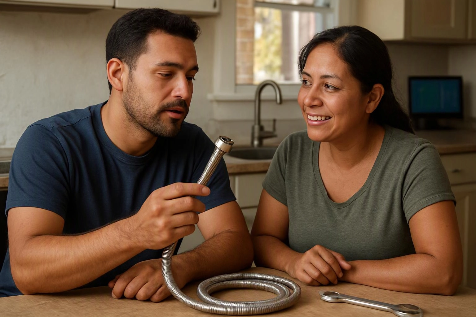 A man shows a metal hose to a smiling woman at a kitchen table, with a sink behind them