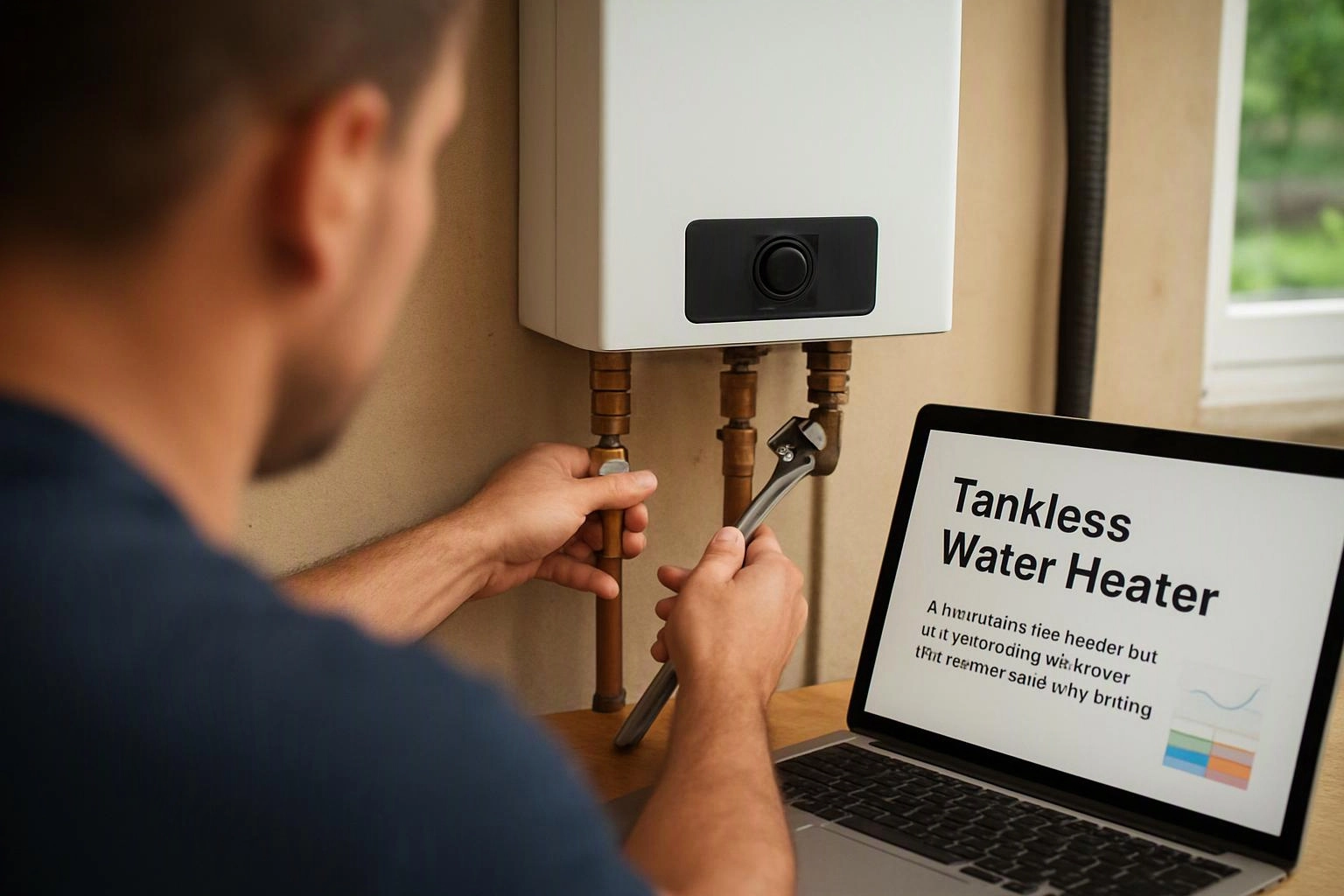 A man adjusts pipes under a tankless water heater beside a laptop showing a presentation slide