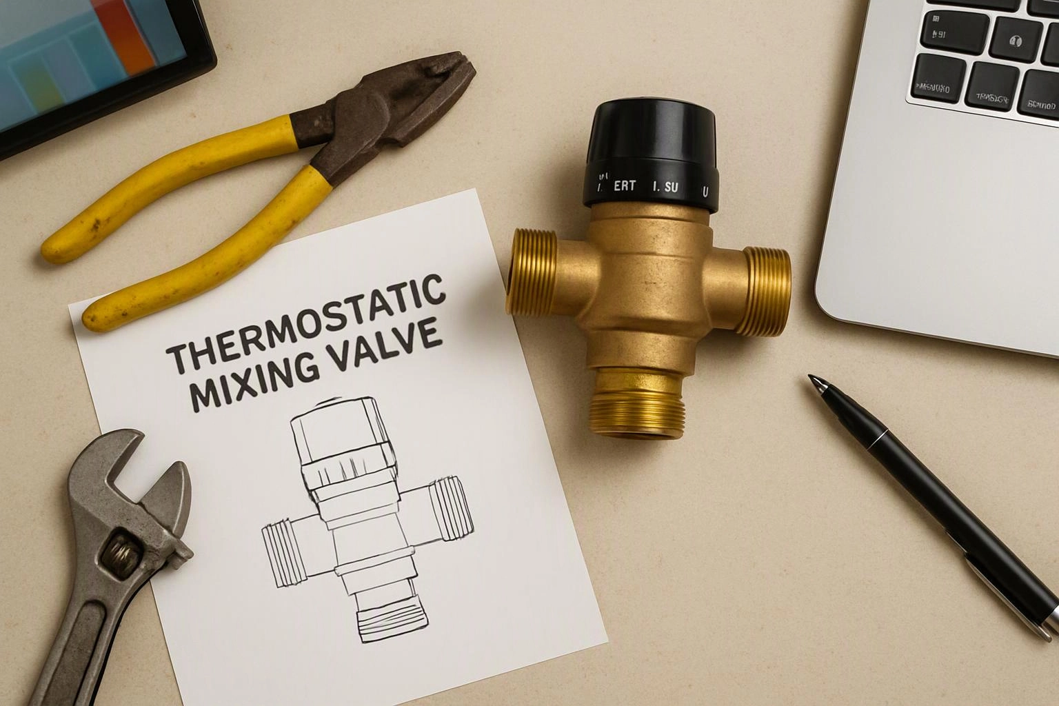 A thermostatic mixing valve sits on a desk beside pliers, a wrench, a pen, and a laptop corner