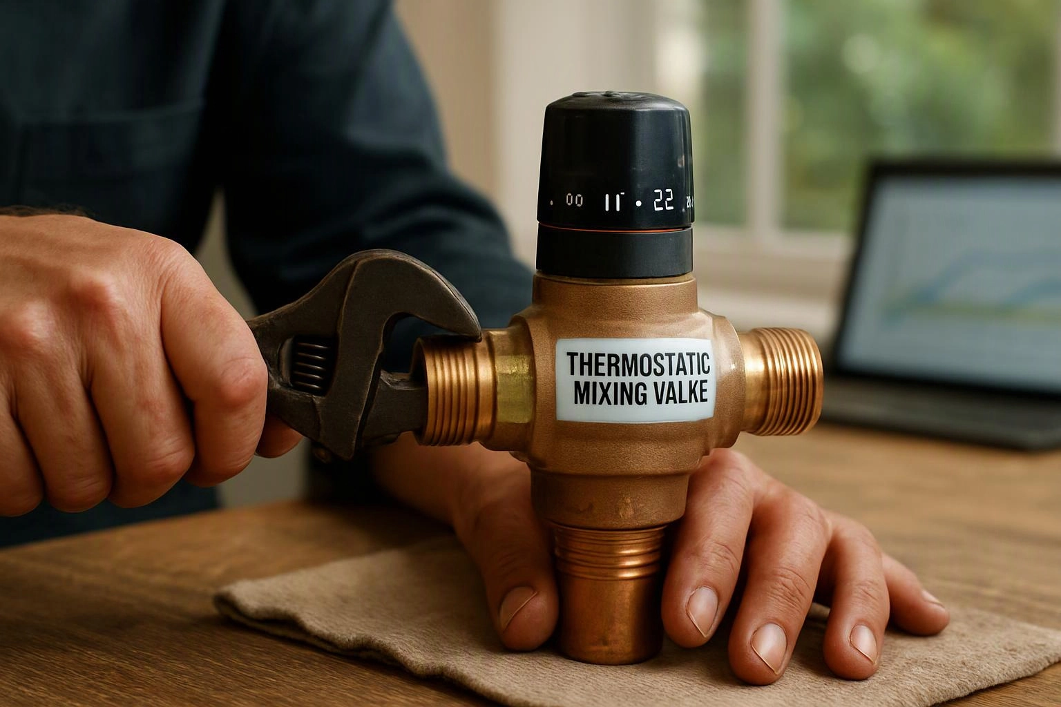 A person adjusts a brass thermostatic mixing valve with a wrench on a wooden table
