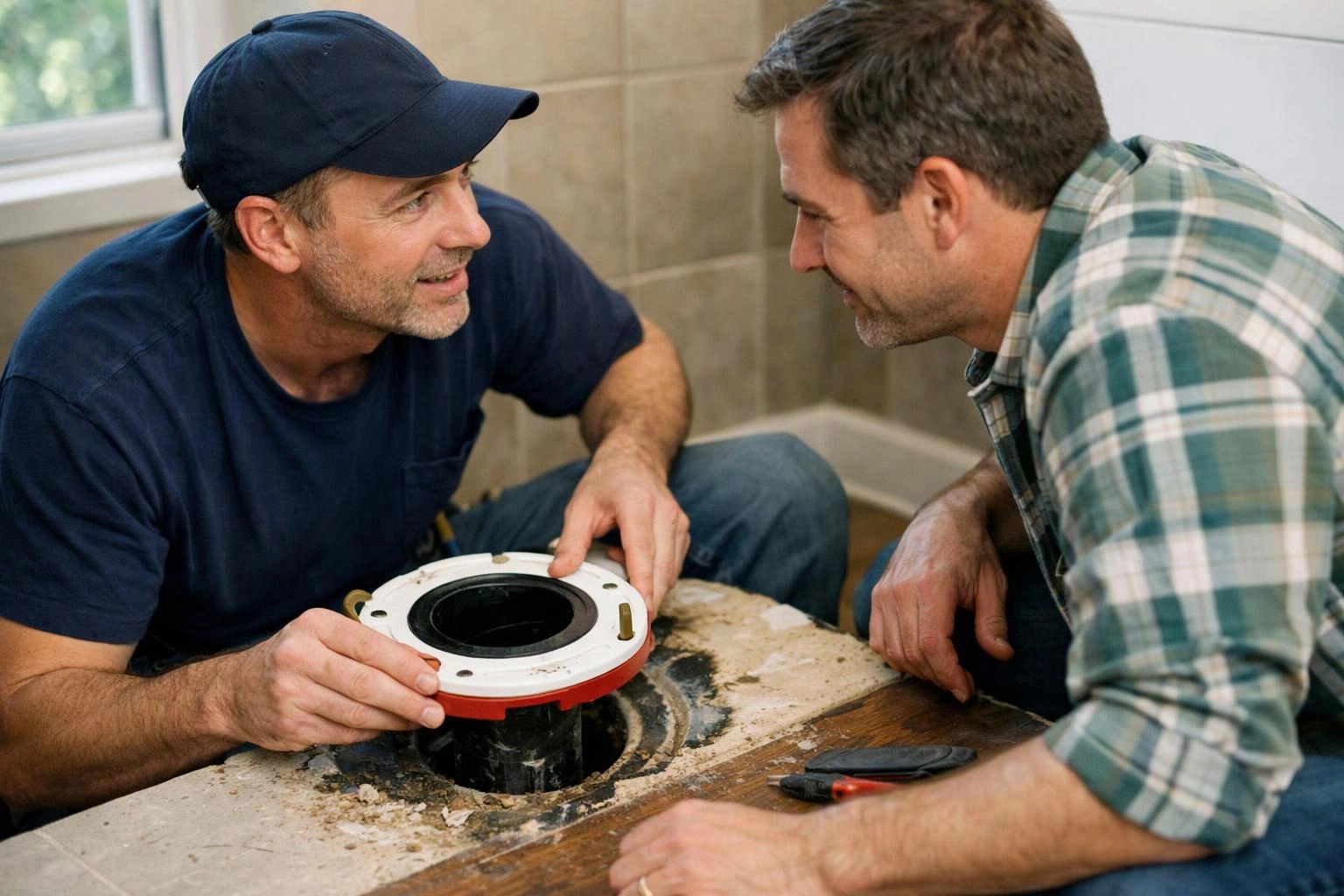 Two men kneel over a bathroom floor opening, fitting a round plumbing ring together