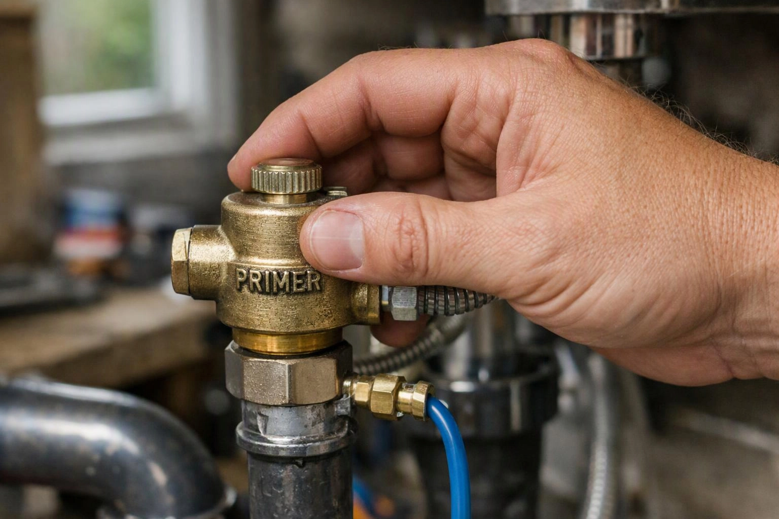 A hand adjusts a brass valve labeled PRIMER on connected metal piping in a workshop setting