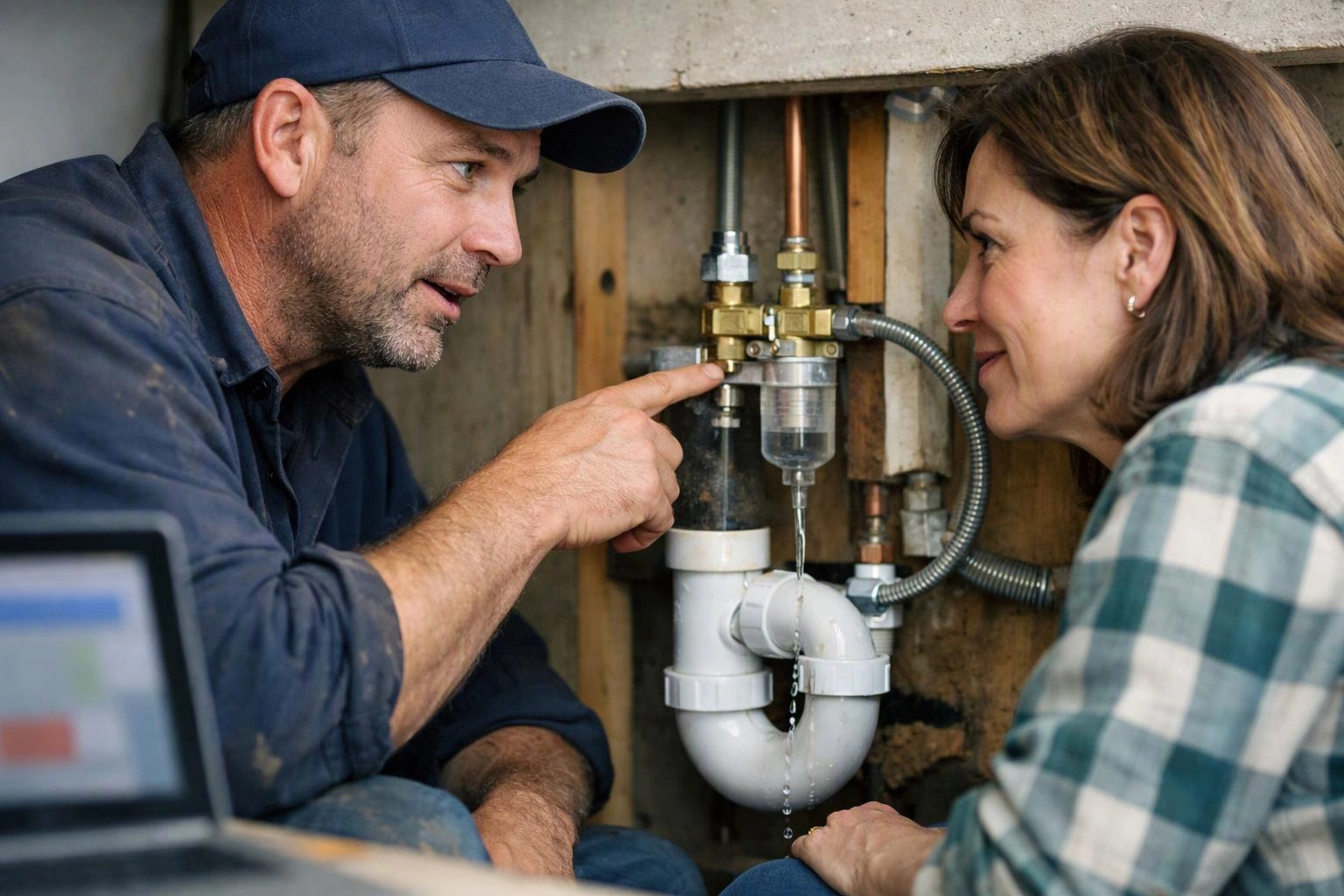 A plumber points at leaking pipes under a sink while talking with a woman in a plaid shirt