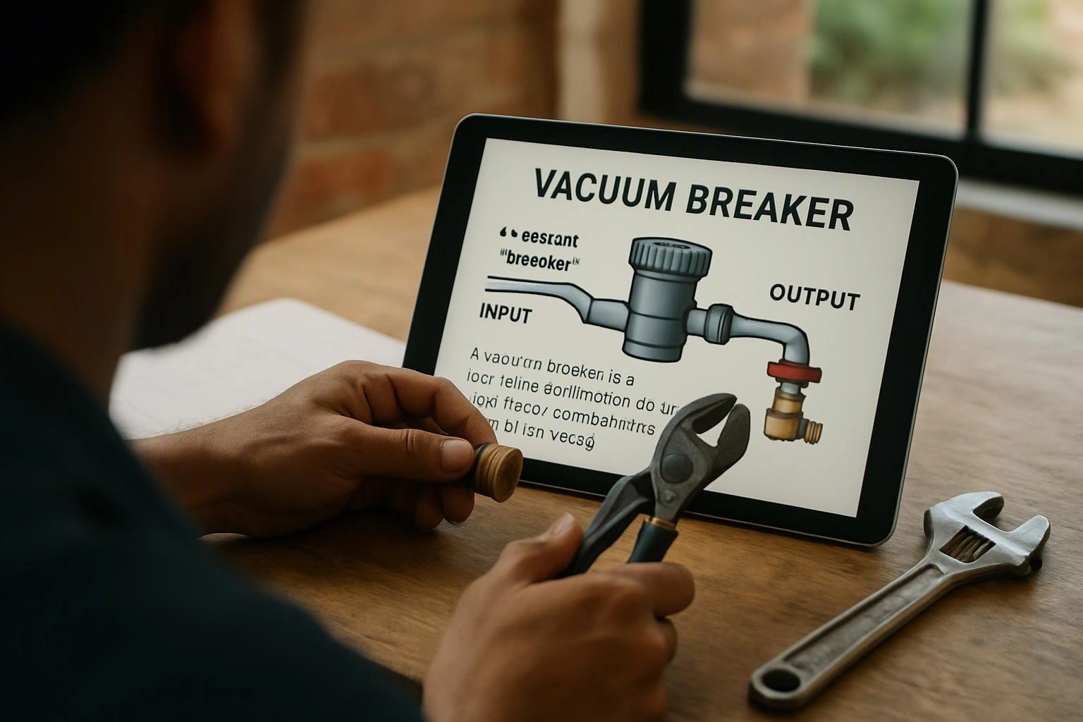 A person holds pliers and a fitting beside a tablet showing a vacuum breaker diagram on a wooden table